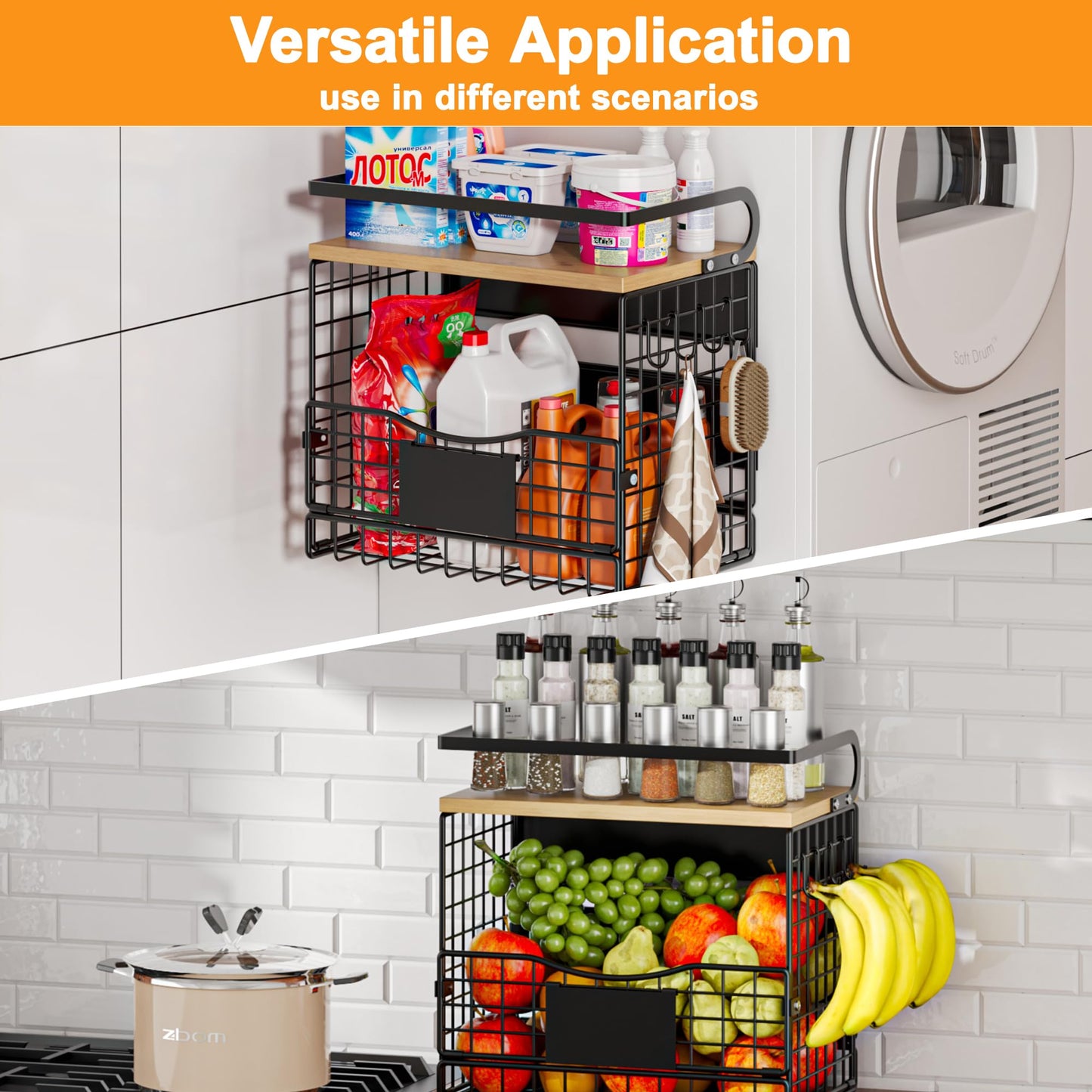 Magnetic Shelf for Fridge,Hanging Wall Basket for Potato Onion Fruit and Vegetable Storage Bins,Large Produce Container Magnetic Spice Rack for Refrigerator Kitchen Counter Pantry,Black BST220