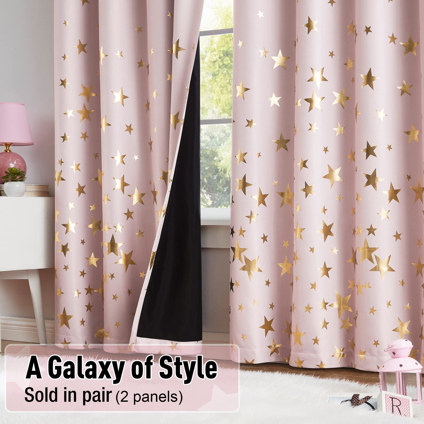 Treatmentex Gold Star Black Full Blackout Curtains for Boys Bedroom, Metallic Window Panels for Baby Nursery Room Grommet Top 2 pcs(Black Gold, 50x63in) BST202