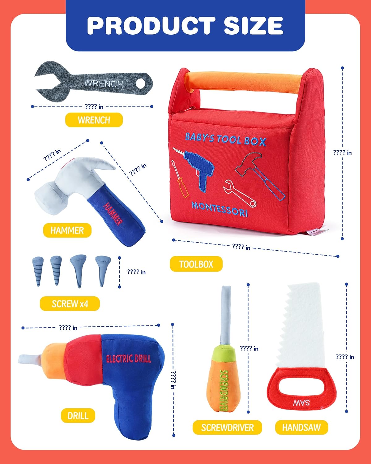 Jollybaby Soft Kid Tool Box Set Toy Inclub Drill Hammer Saw Wrench Screwdriver Screw for Baby, Montessori Preschool Educational Learning Construction Toys for Boy Birthday Gift - RED WN420
