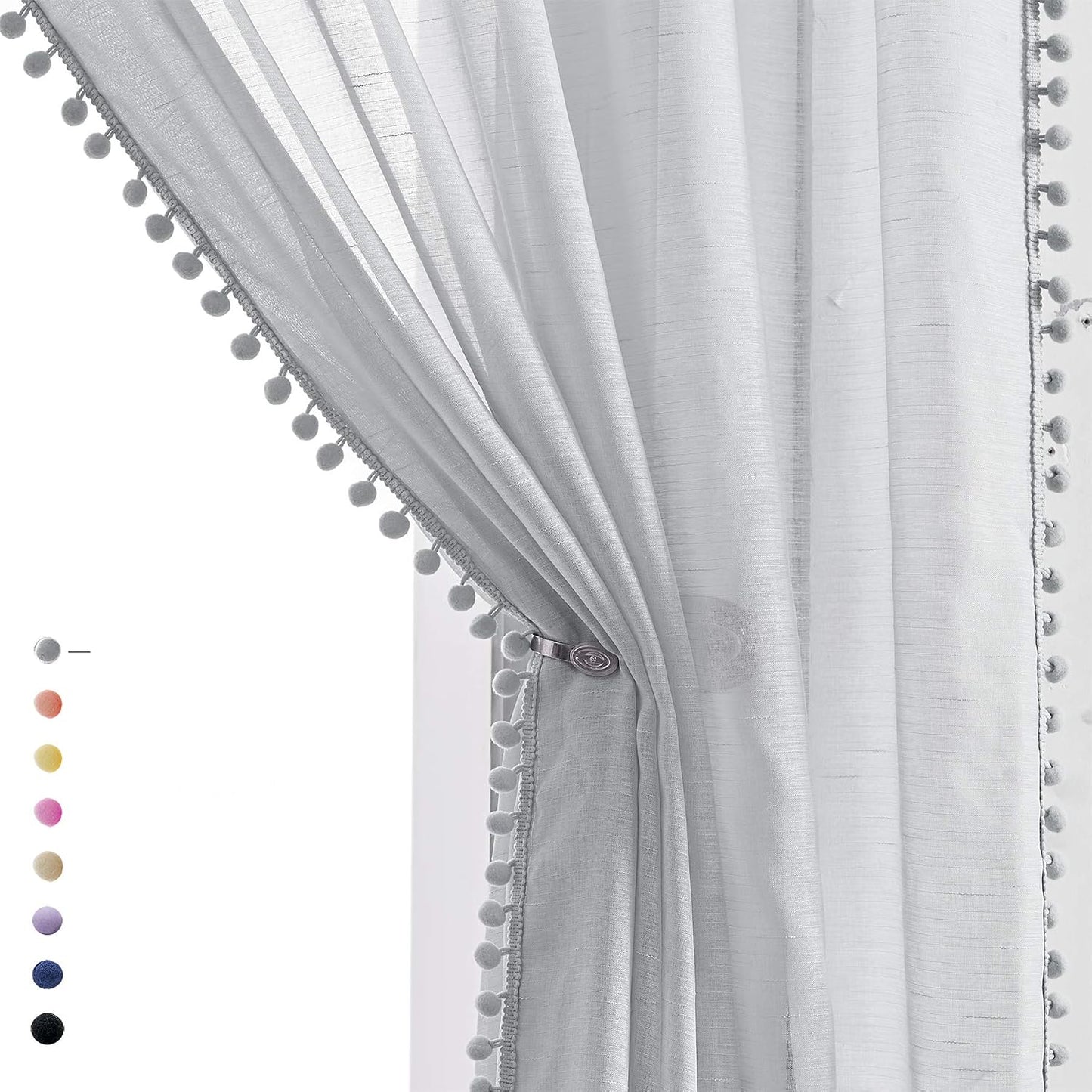 Treatmentex Pom-Pom Grey Sheer Curtains for Bedroom 63" Window Drapes Rod Pocket Textured Sheer Curtain for Kids Room 52" w 2 Panels BST202