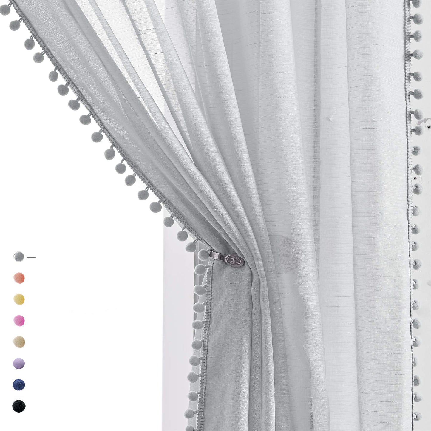 Treatmentex Pom-Pom Grey Sheer Curtains for Bedroom 63" Window Drapes Rod Pocket Textured Sheer Curtain for Kids Room 52" w 2 Panels BST202