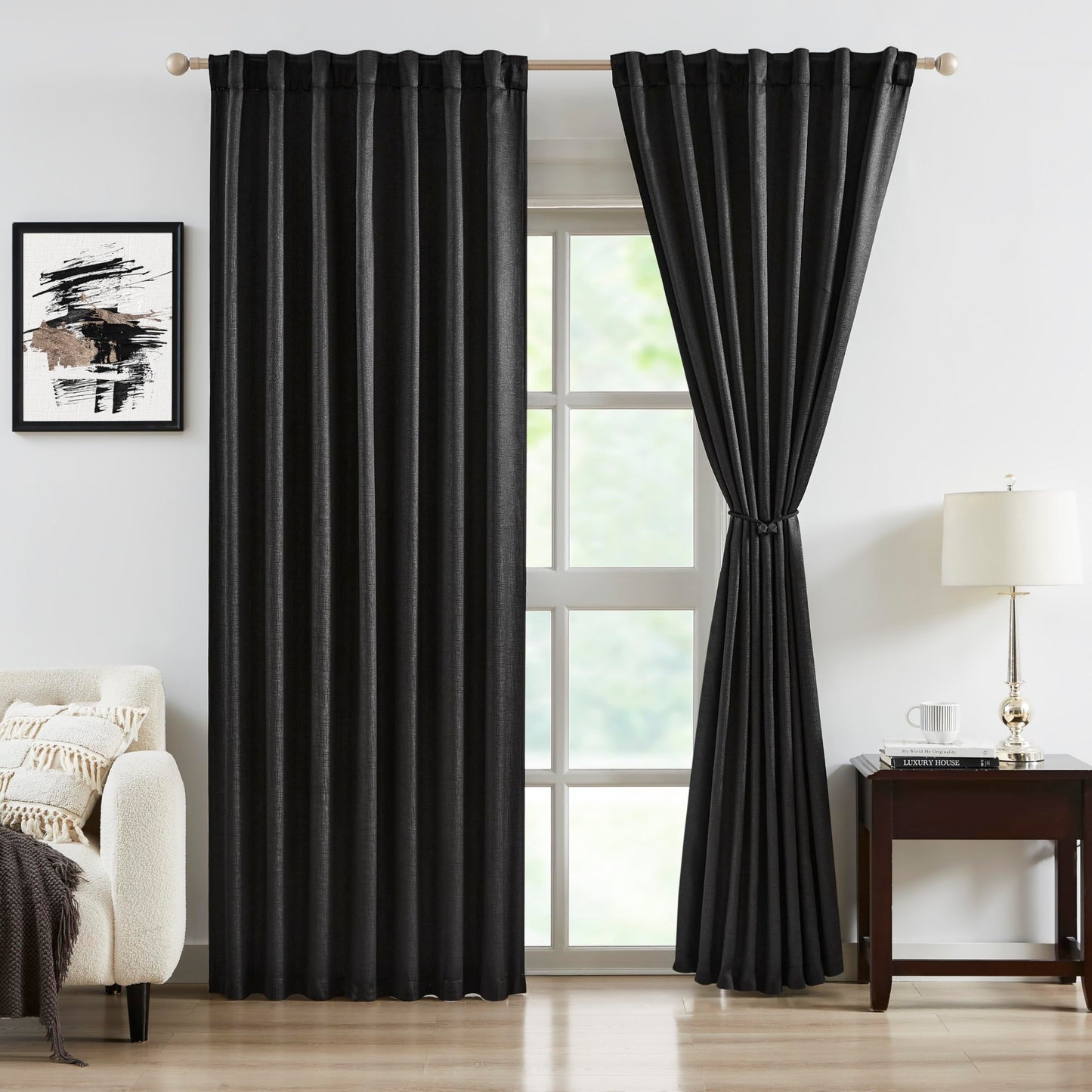 Bujasso Gray Jacquard Blackout Window Curtain Panels, 54" Wx84 Lx2 | Back Tab Rod Pocket with Magnetic Tiebacks,Thermal Insulated,85% Room Darkening Light Blocking Drapes for Bedroom Living Room BST326H