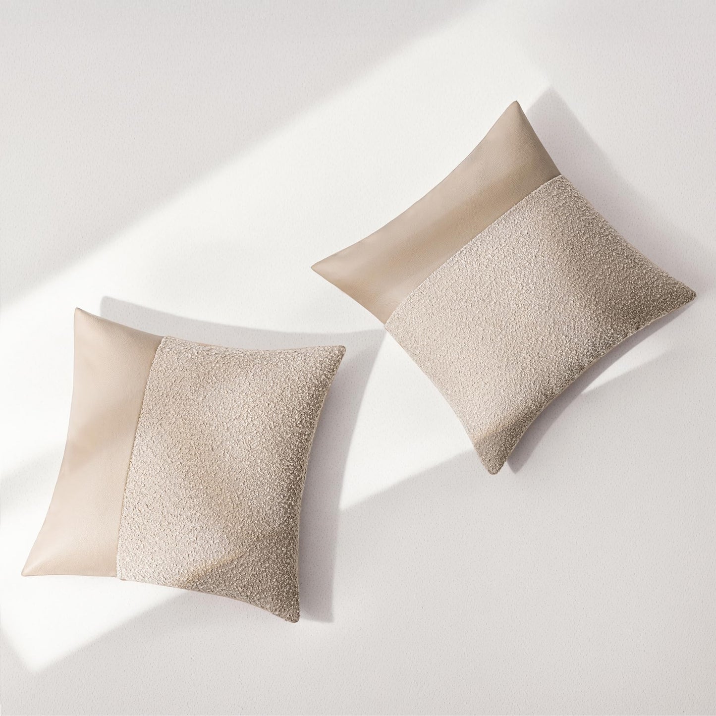 Set of 2 Fluffy Boucle Pillow Covers 18"x18", Oatmeal Textured Throw Pillow Covers with Faux Leather Accents, Boho Decorative Pillow Cases for Couch, Bed, or Farmhouse Home Decor BST220