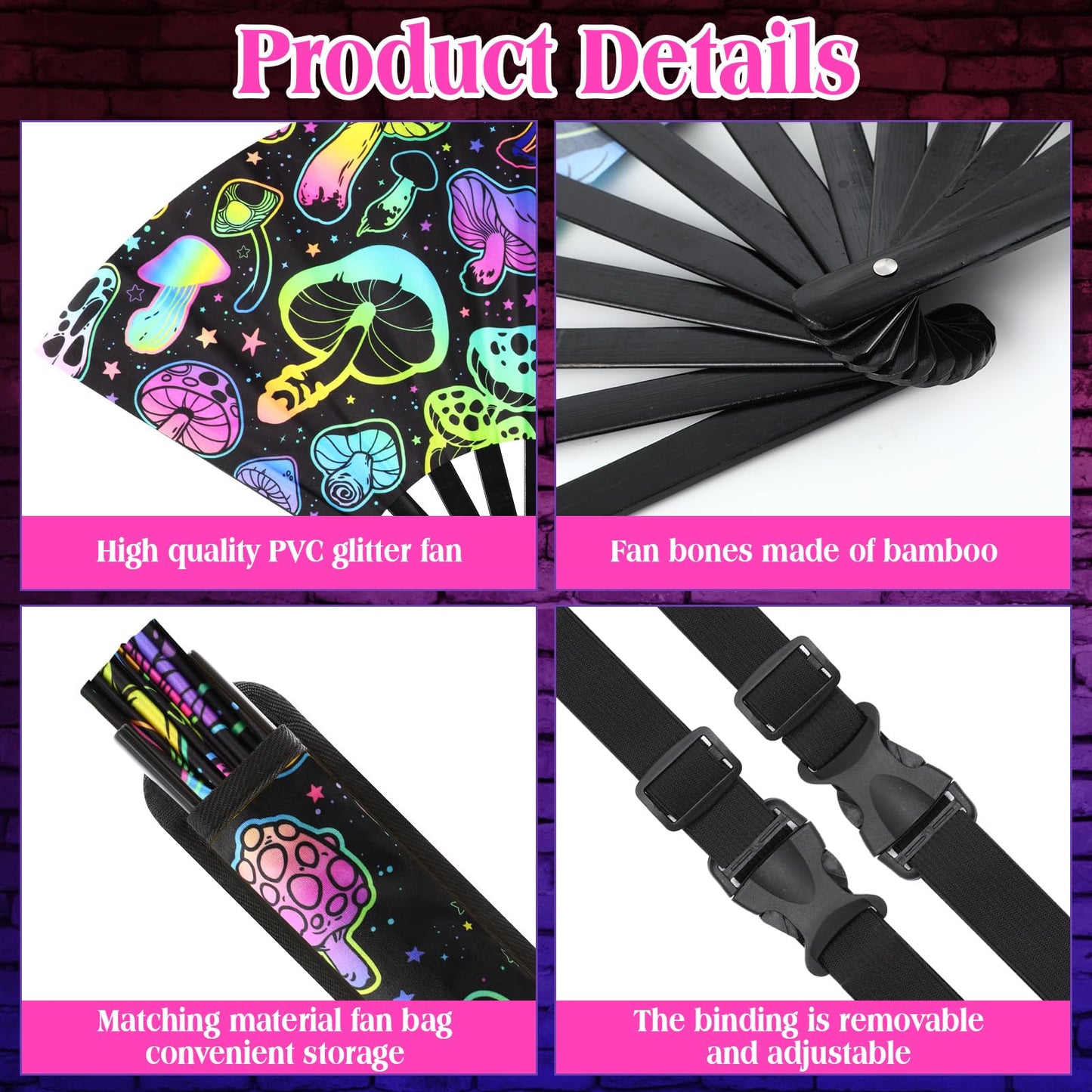 FairySandy Large Rave Fan UV Glow Clack Summer Hand Fan with Thigh Holster for Women Carnival Party Supplies for Carnival Edm Music Festival Club Accessories(Cool Style,Black) WN420