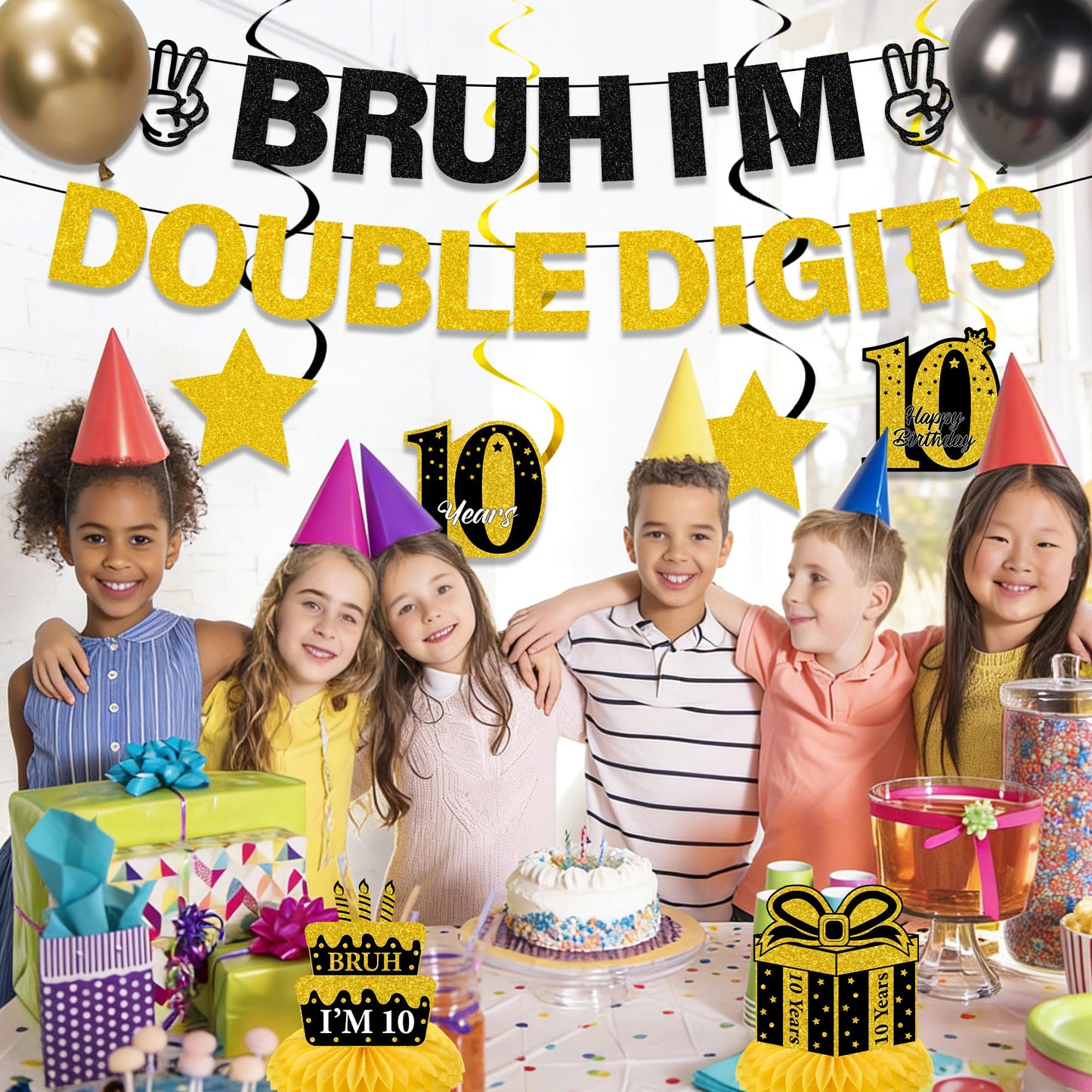 10th Birthday Decorations Banner Boys - 11 Pcs Silver Black Bruh I'M Double Digits Banners Hanging Swirls Honeycomb Table Decoration Latex Balloons For Boy 10 Year Old Bday Party Supplies BST220