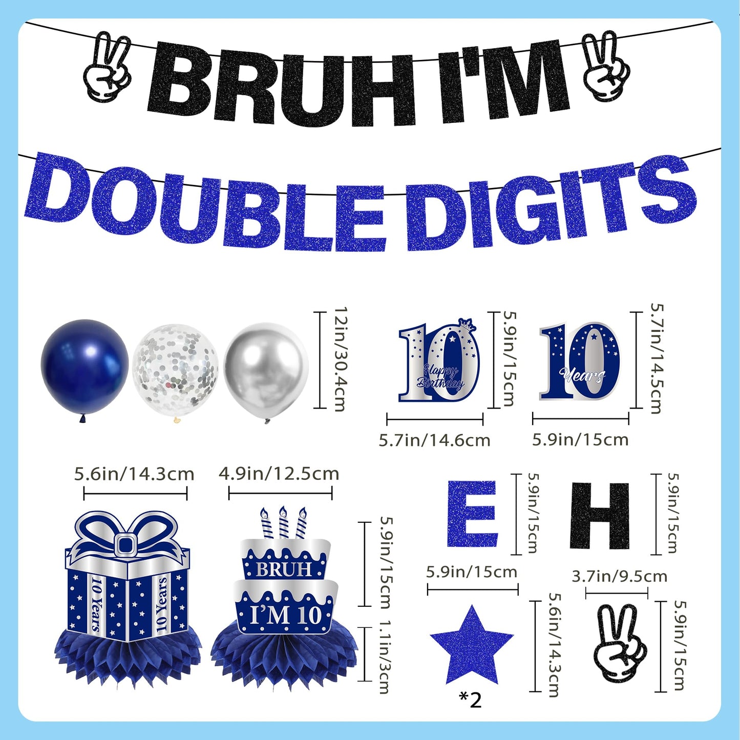 10th Birthday Decorations Banner Boys - 11 Pcs Silver Black Bruh I'M Double Digits Banners Hanging Swirls Honeycomb Table Decoration Latex Balloons For Boy 10 Year Old Bday Party Supplies BST220