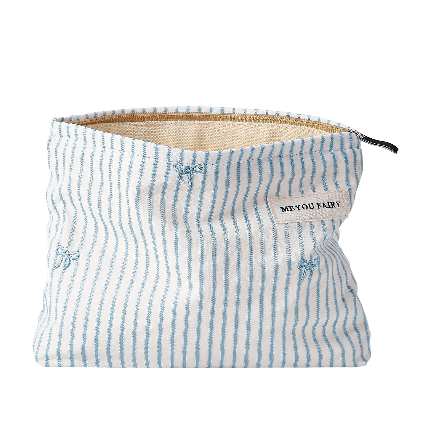 RSRSLEII Striped Makeup Bag for Women, White Cosmetic Bag with Bow, Travel Toiletry Cosmetic Bag with Zipper, Cute Women Aesthetic Organizer Storage Pouch, Girls Handbags Purses (06 White Stripe Bow) BST220