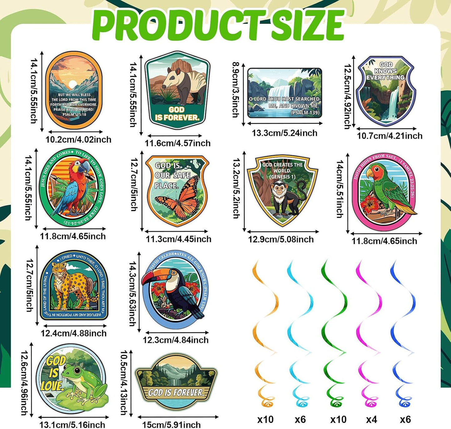 60 Pcs Vacation Bible School 2026 Party Decorations Rainforest Falls Hanging Swirl Vacation Bible School Rainforest Animal Ceiling Streamers Christian Verse Hanging Decor for Religious Classroom Decor BST202