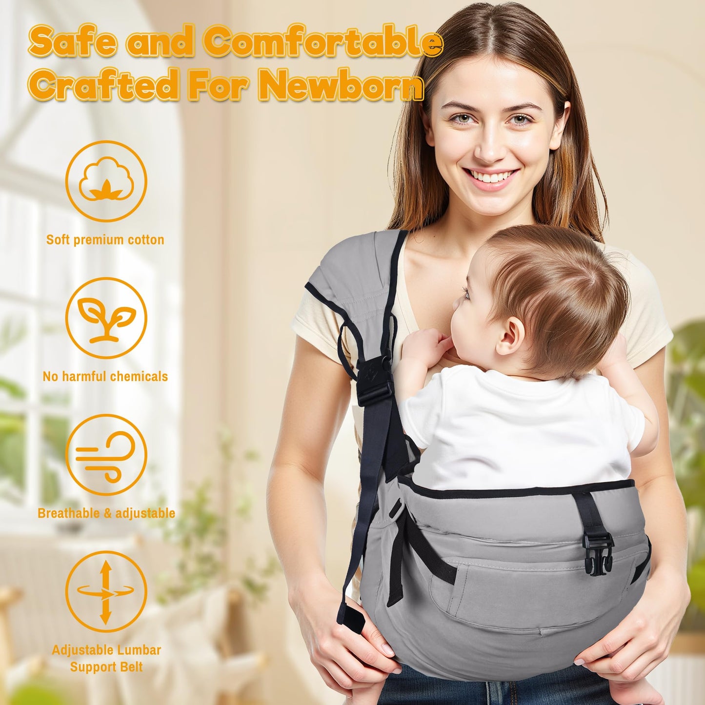 Baby Carrier Newborn to Toddler,Adjustable & Lightweight Baby Sling Carrier,Toddler Carrier 25-60 lbs,Ideal for Home,Shopping,and Travel WN420