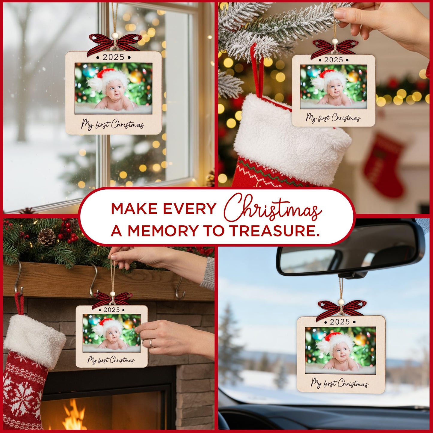 Hangwoous Baby's First Christmas Photo Frame Ornament 2025 | Wooden portrait frame keepsake, first Christmas photo gift for baby BST202