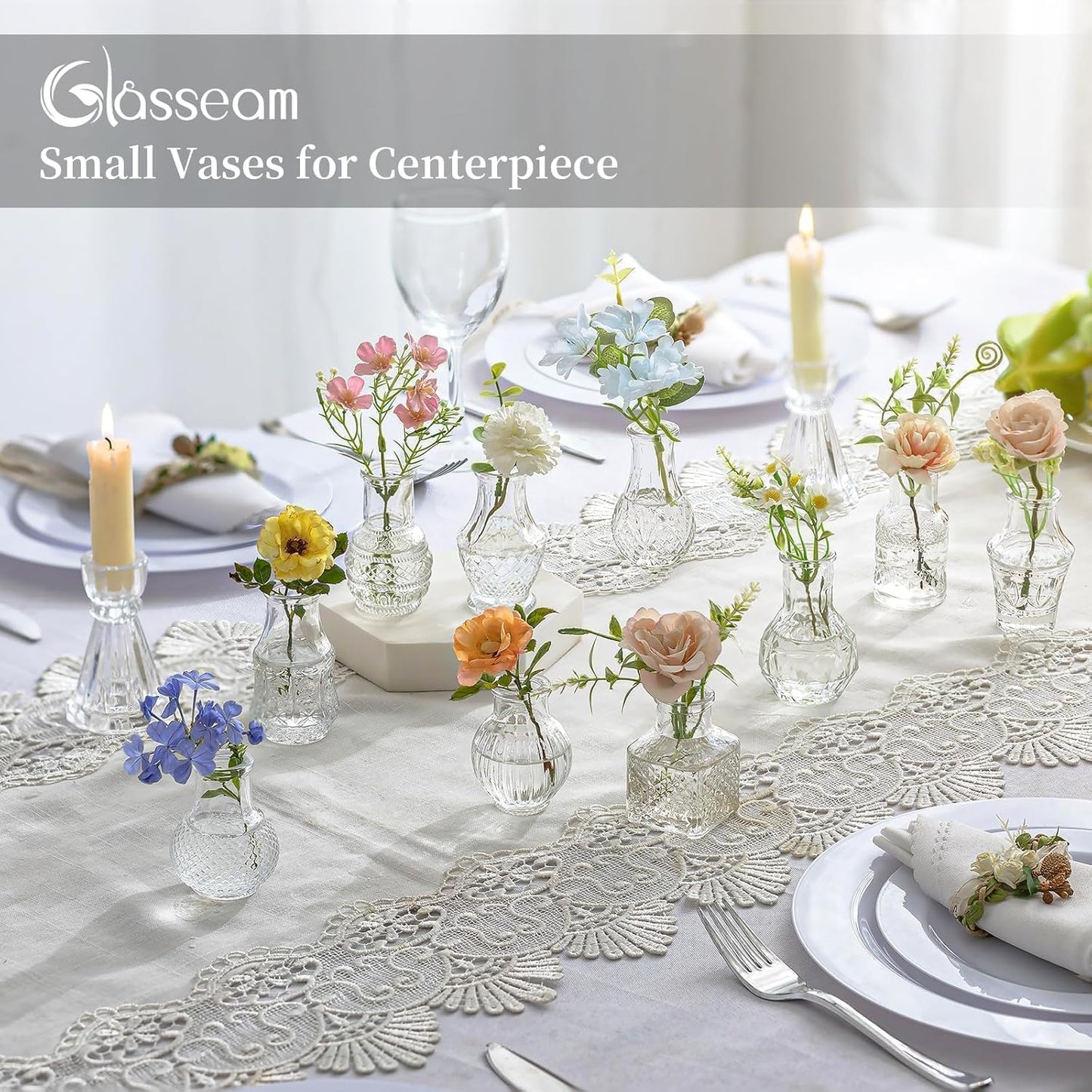 Glasseam Mini Bud Vases for Centerpieces: 20Pcs Clear Glass Vases in Bulk | For Single Flowers, Small Stems, Tiny 2.7", Embossed Thick Glass, Wedding, Party, Baby Shower, Dining Room Table Decoration BST326H