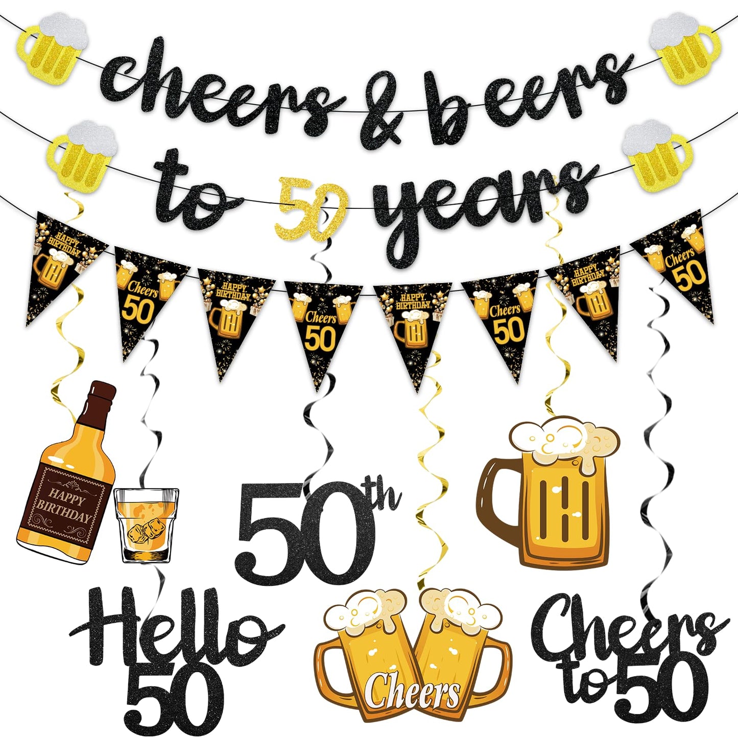 Black Gold 90th Birthday Decorations for Men Women, Glitter Pre-Strung Cheers to 90 Years Banner Hello 90 Hanging Swirls Paper Triangle Flag Banner Decorations Bday Party Supplies Kit WN420