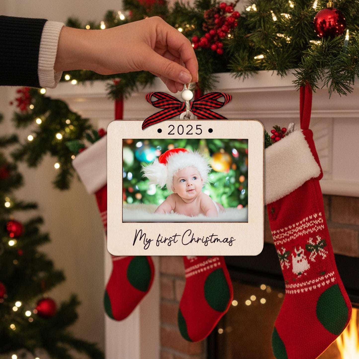 Hangwoous Baby's First Christmas Photo Frame Ornament 2025 | Wooden portrait frame keepsake, first Christmas photo gift for baby BST202