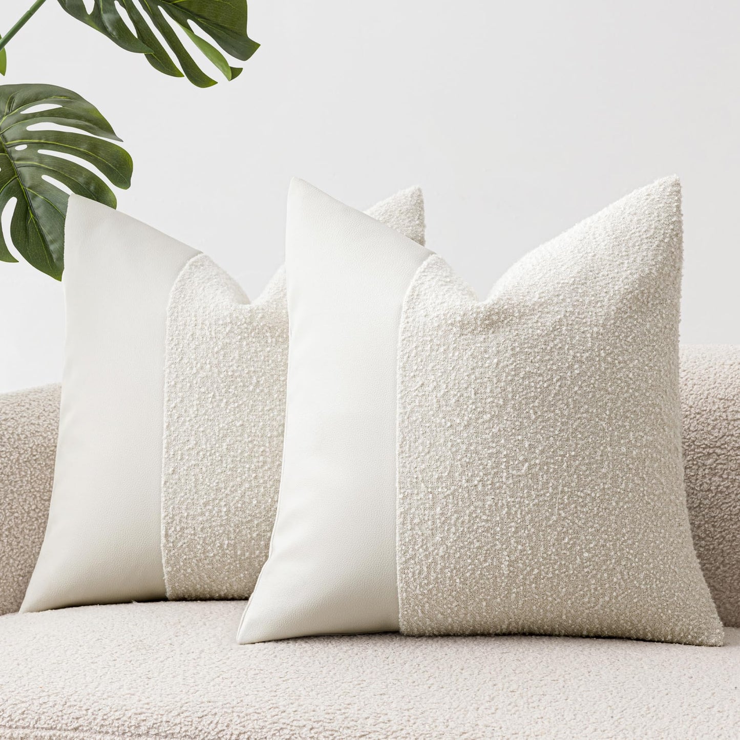 Set of 2 Fluffy Boucle Pillow Covers 18"x18", Oatmeal Textured Throw Pillow Covers with Faux Leather Accents, Boho Decorative Pillow Cases for Couch, Bed, or Farmhouse Home Decor BST220