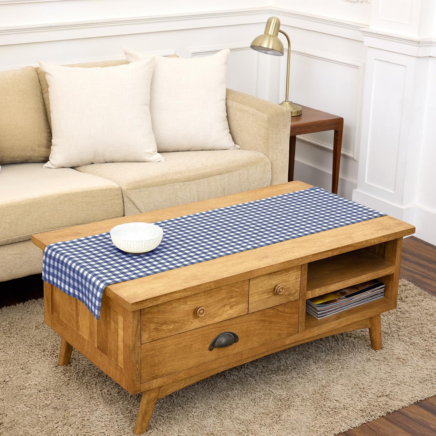 Solino Home 100% Pure Linen Table Runner Apricot, Gingham Check 14 x 36 in | Table Runners for nightstands, end tables, coffee tables and dressers | checkered weave, mitered corners | OEKO-TEX Certified BST326SOLH