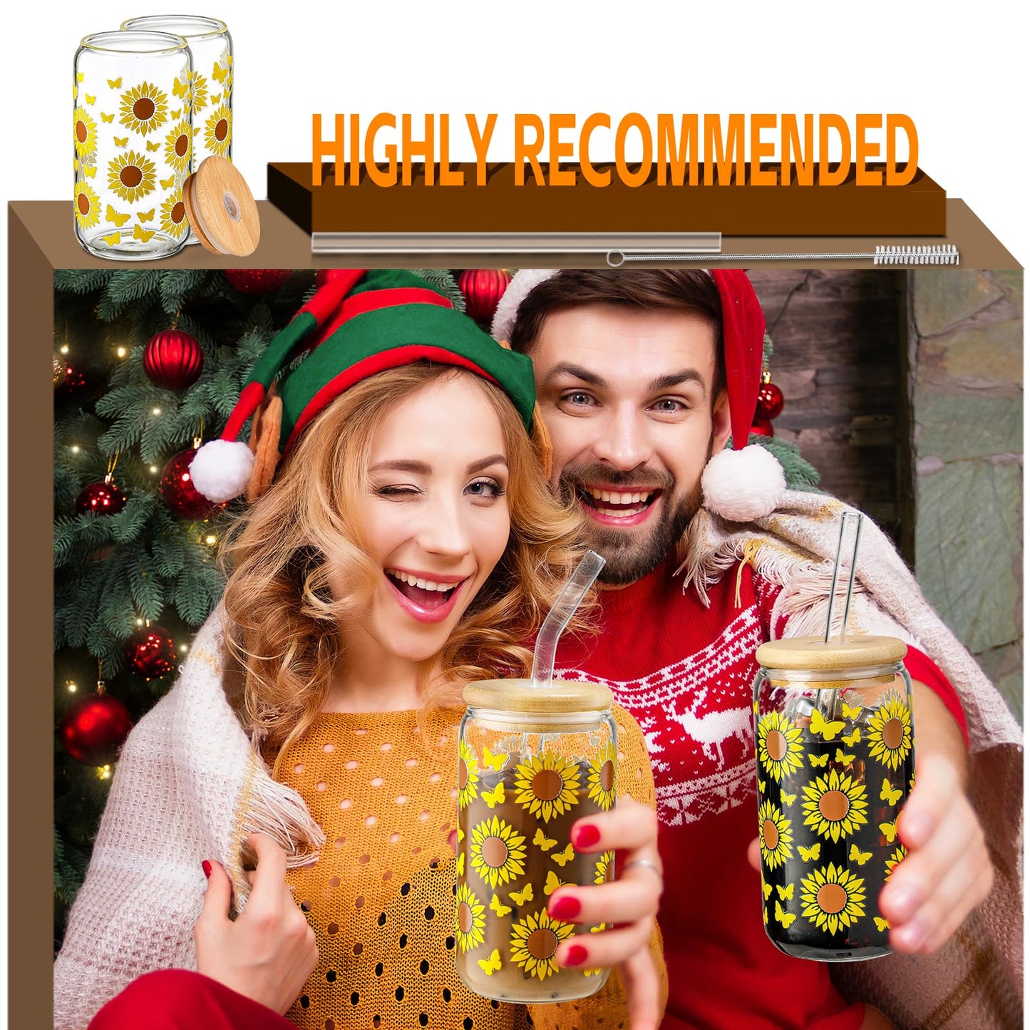 DWTS DANWEITESI Glass Cups “20oz”,Glass Cups with Lids and Straws 4 pcs-Coffee Cups,Drinking Glasses Set,Glass Tumbler with Straw and Lid Gift 2 Cleaning Brushes 600ml BST202