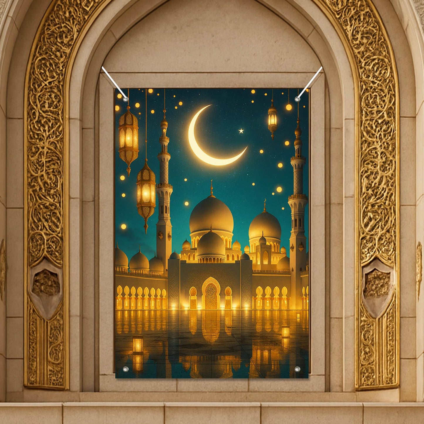 HOMETITUTE Eid Ramadan Window Banner Holiday Curtain Backdrop 31x47 Fabric | Mubarak Cover Festival Screen Windows Banner Hanging Living Room Bedroom Home Crescent Moon Star Pattern Design BST326H