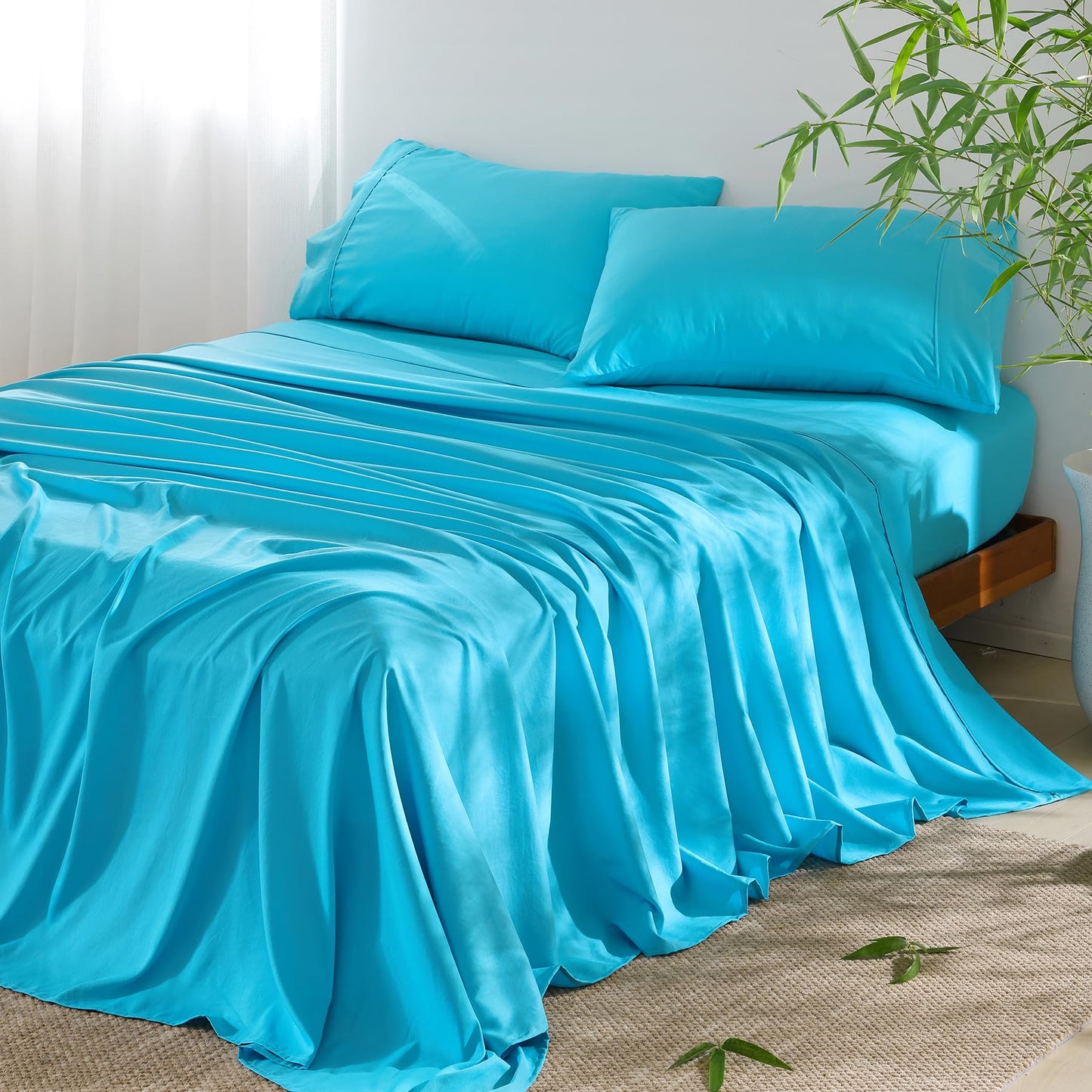 4 Piece Twin Size Sheet - Cooling Bed Sheets Set, Blend Rayon Derived from Bamboo, Breathable Soft Hotel Luxury Bedding & Pillowcases, Silky Fit 16 inch Extra Deep Pocket, Oeko-Tex - Olive Green BST326H