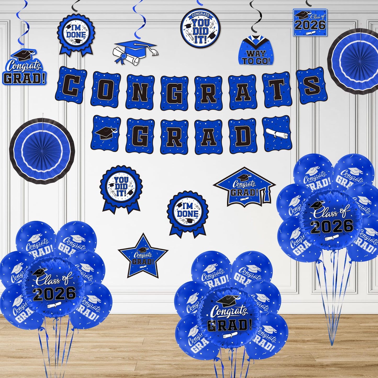 Black and Gold Themed 2026 Graduation Decorations Set - Congrats Grad Banner, Class of 2026 Backdrop, Balloons & Streamers Kit - Graduation Party Supplies for High School & College Celebrations BST326H
