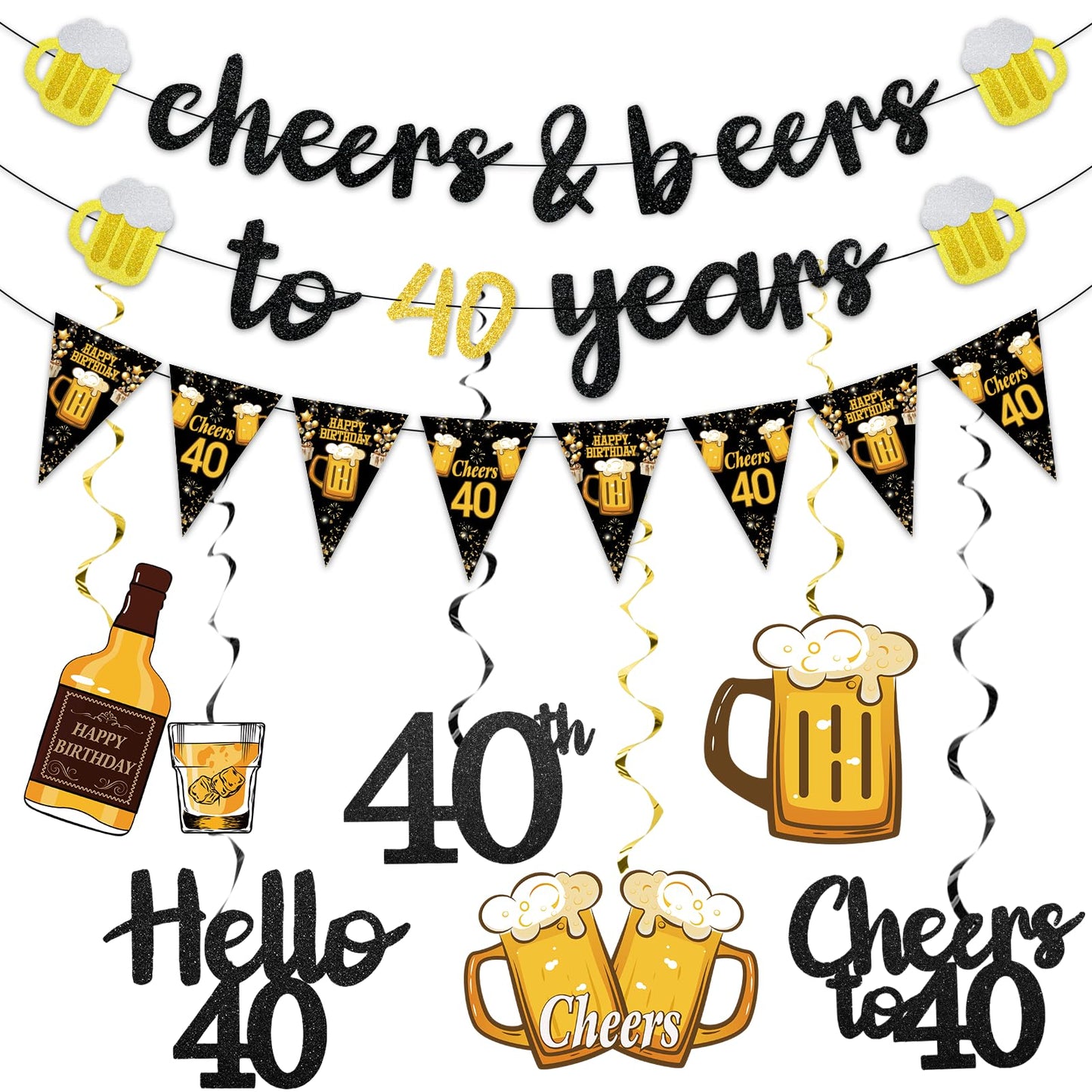 Black Gold 90th Birthday Decorations for Men Women, Glitter Pre-Strung Cheers to 90 Years Banner Hello 90 Hanging Swirls Paper Triangle Flag Banner Decorations Bday Party Supplies Kit WN420