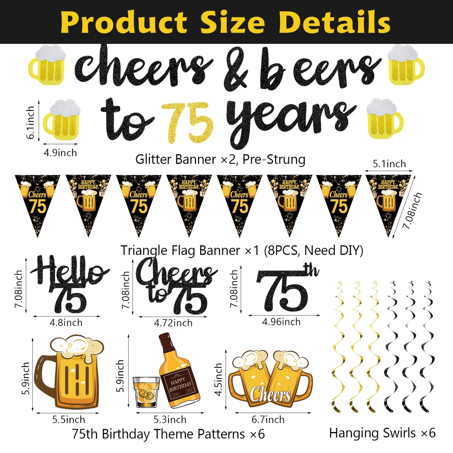 Black Gold 90th Birthday Decorations for Men Women, Glitter Pre-Strung Cheers to 90 Years Banner Hello 90 Hanging Swirls Paper Triangle Flag Banner Decorations Bday Party Supplies Kit WN420