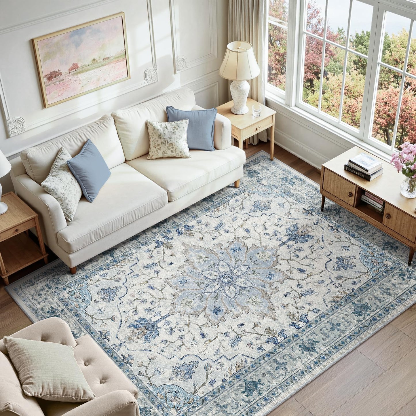 RELEANY Area Rugs Runner 2'x6' Washable Non-Slip, Floral Vintage Distress Medallion Carpet for Kitchen Hallway Bedroom Beside Laundry Room Bathroom, Teal Green Lake Blue Turquoise DD1210