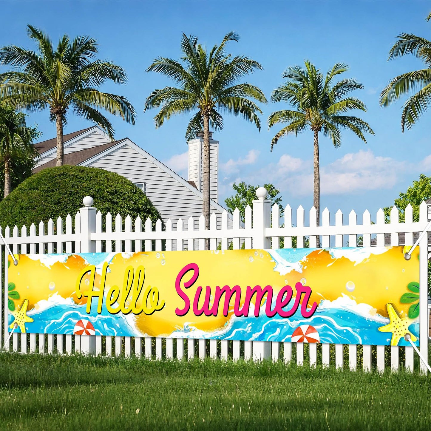 BlissYard Hello Summer Banner 118 x 20 Inch Pool Party Decorations Beach Surfboard Watermelon Tropical Fence Sign Hawaiian Luau Outdoor Backyard Wall Decor BST220