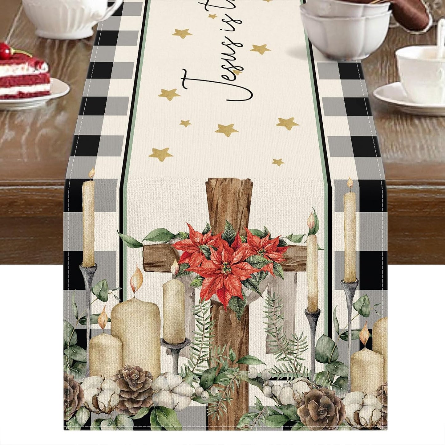 DLZDN Christmas Cross Table Runner Jesus is The Reason for The Season Table Runner Rustic Buffalo Plaid Christmas Winter Religious Home Kitchen Dining Table Home Party Decor 13x72 Inch BST202