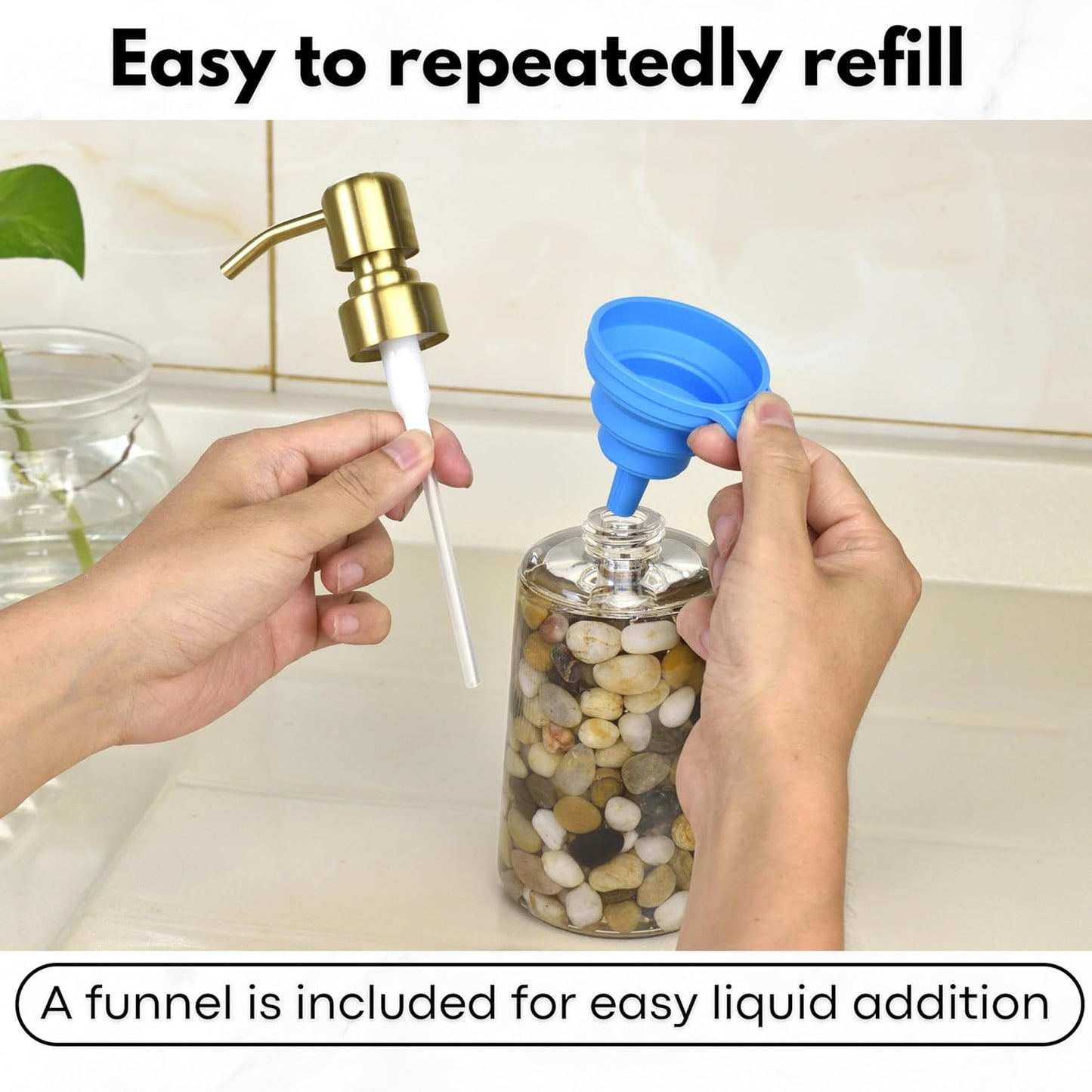 Handmade Refillable Soap Dispenser for Bathroom & Kitchen, Rocks Stone Soap Dispenser with Gold Stainless Steel Pump BST220