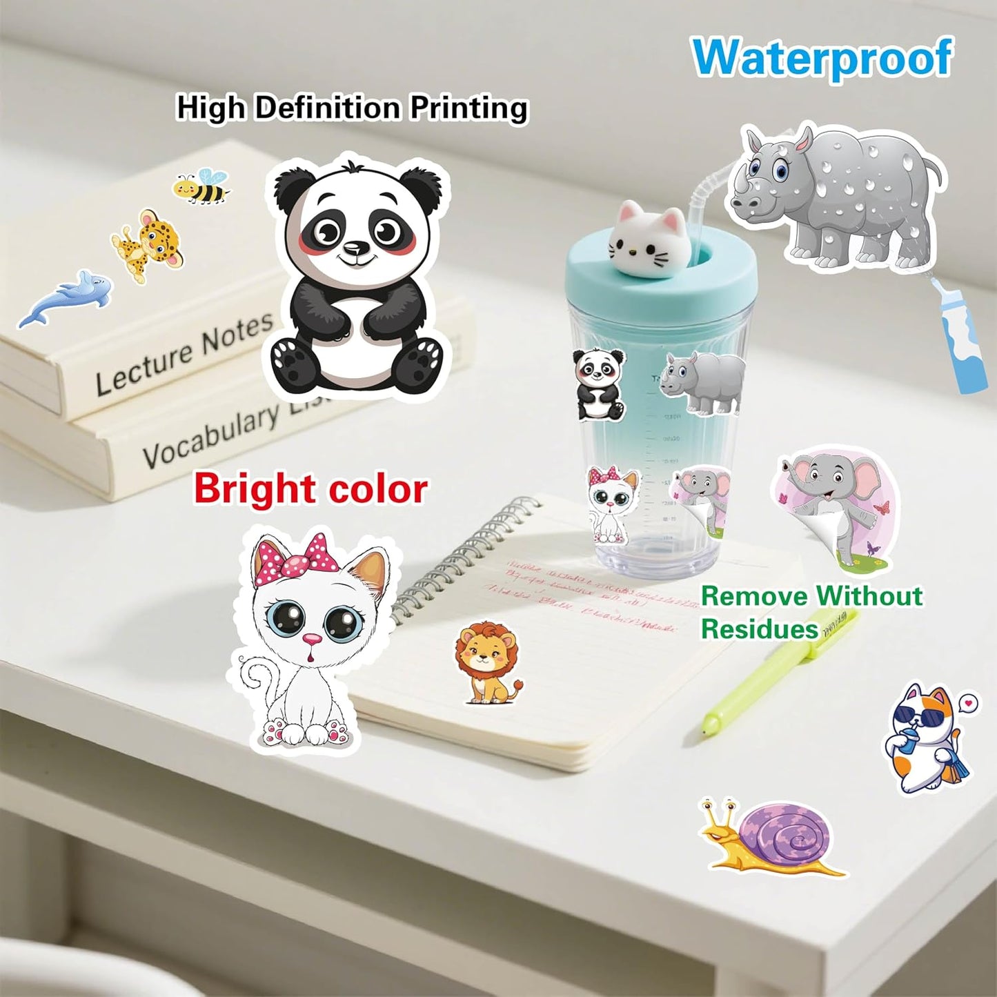 100 PCS Water Bottle Stickers for Kids Removable Waterproof Decals Cute Cartoon Animal & Unicorn Designs Easy to Peel/Reposition Ideal for Water Bottles Laptops Lunch Boxes BST202