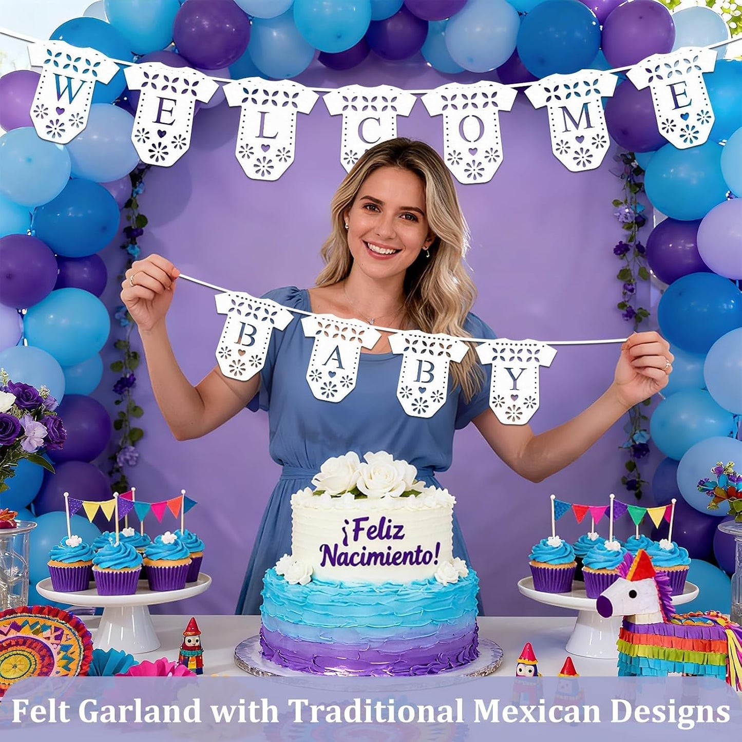 2 Pack White Papel Picado Banner, Mexican Welcome Baby Banner, Felt Onesie Baby Shower Garlands, Fiesta Gender Reveal Party Supplies, Baby Shower Backdrop Decoration Props BST220
