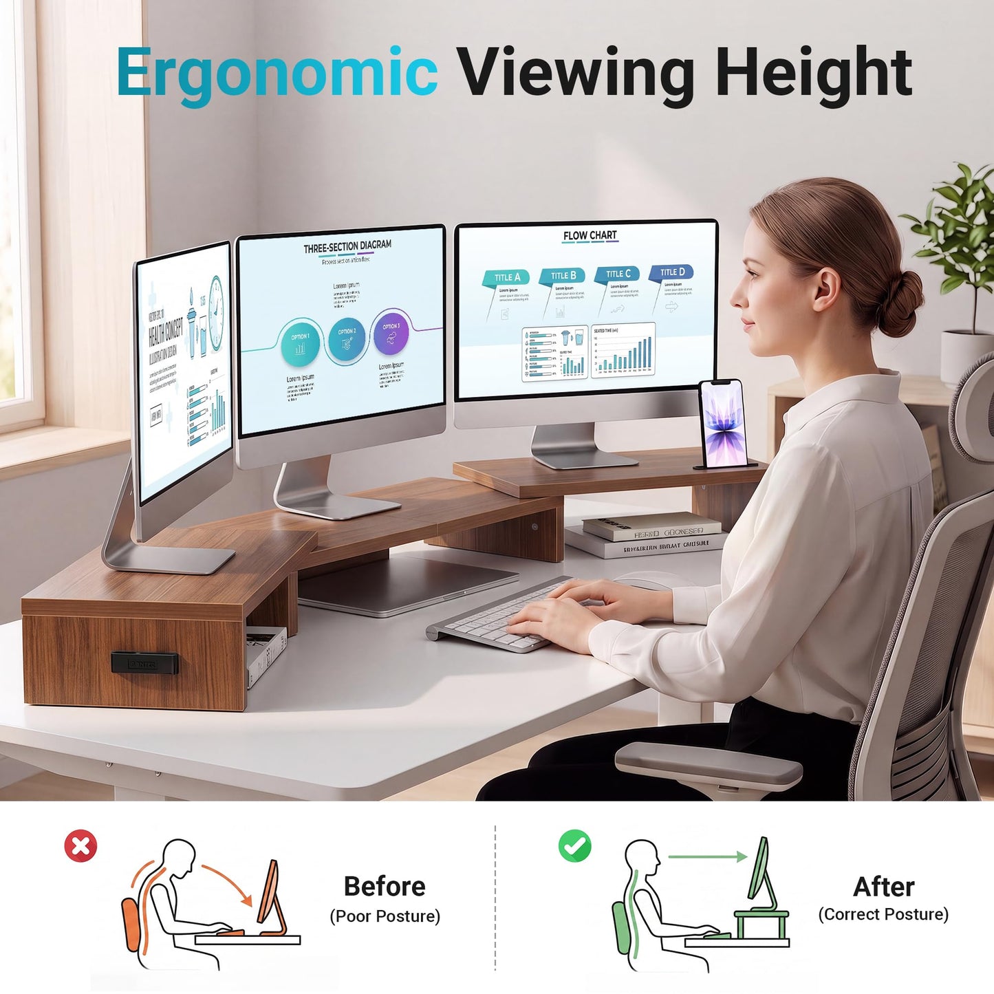 BONTEC Dual Monitor Stand Riser, Adjustable Length & Swivel Angle, Pink | Ergonomic Wooden Desktop Organizer with Smartphone Holder, Computer Monitor Stand for PC, Laptop, Printer and Large Storage BST202