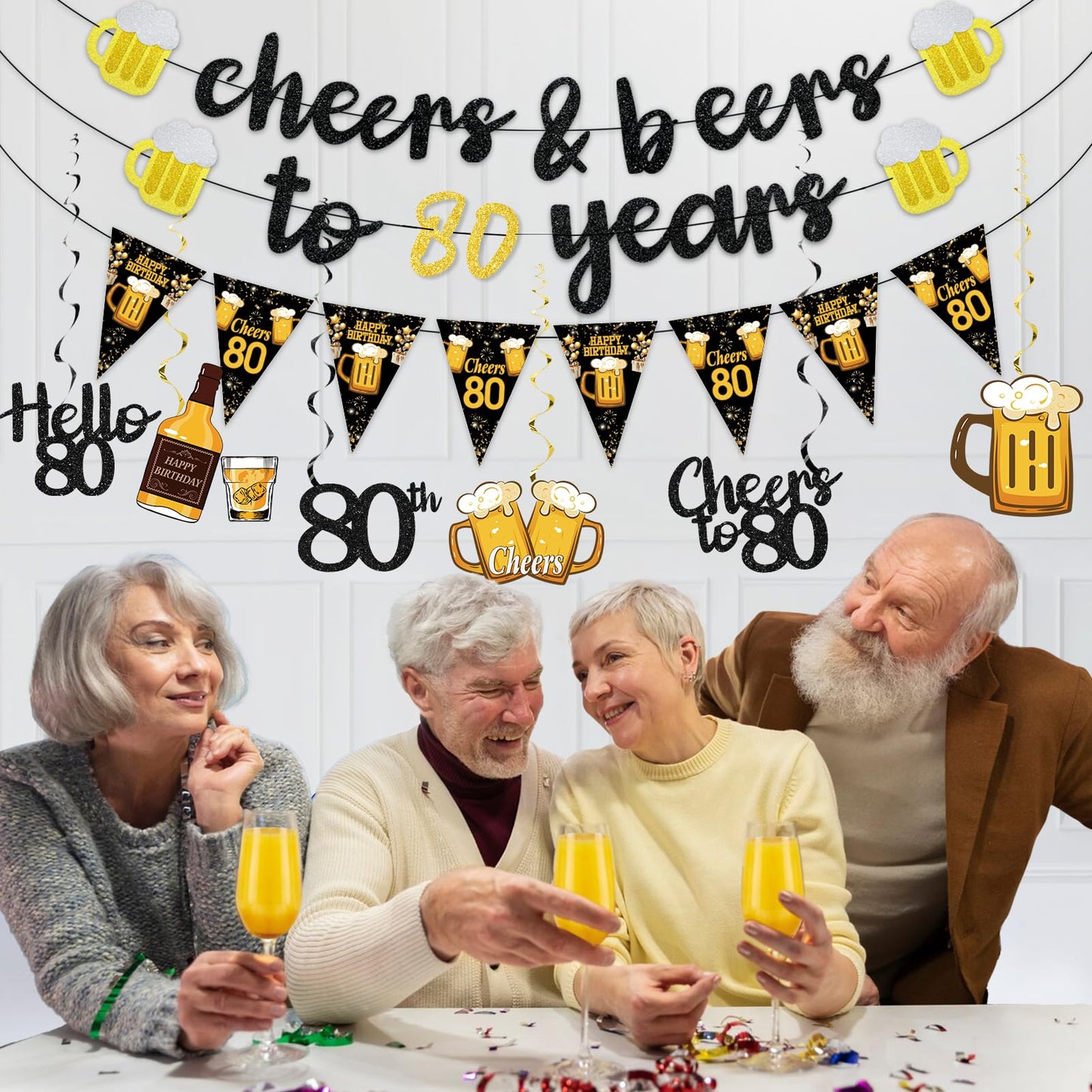 Black Gold 90th Birthday Decorations for Men Women, Glitter Pre-Strung Cheers to 90 Years Banner Hello 90 Hanging Swirls Paper Triangle Flag Banner Decorations Bday Party Supplies Kit WN420
