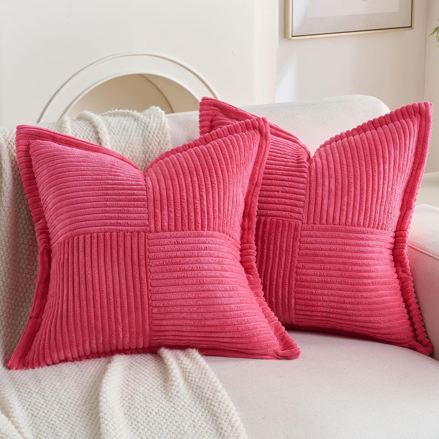 HAUSSY Pack of 2 Corduroy Throw Pillow Covers26x26 Inch, Rust | Decorative Striped Soft Boho Farmhouse Pillowcases, Machine Washable, Couch Bed Sofa Living Room Home Decor, No Insert BST202