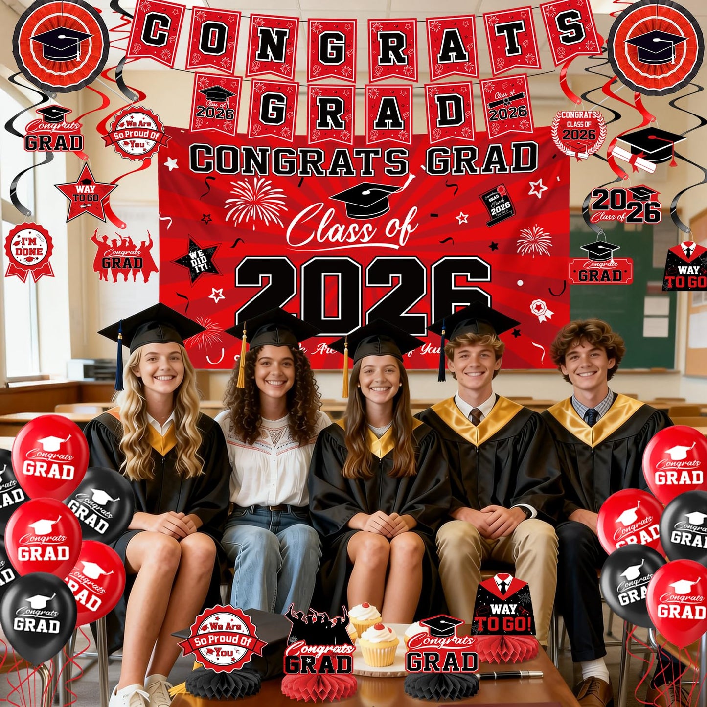Graduation Decorations 2026-Blue and Black Graduation Party Decorations Supplies Class of 2026 with Graduation Banner, Backdrop, Balloons, Centerpieces, Hanging Swirl for Grad Party BST326H