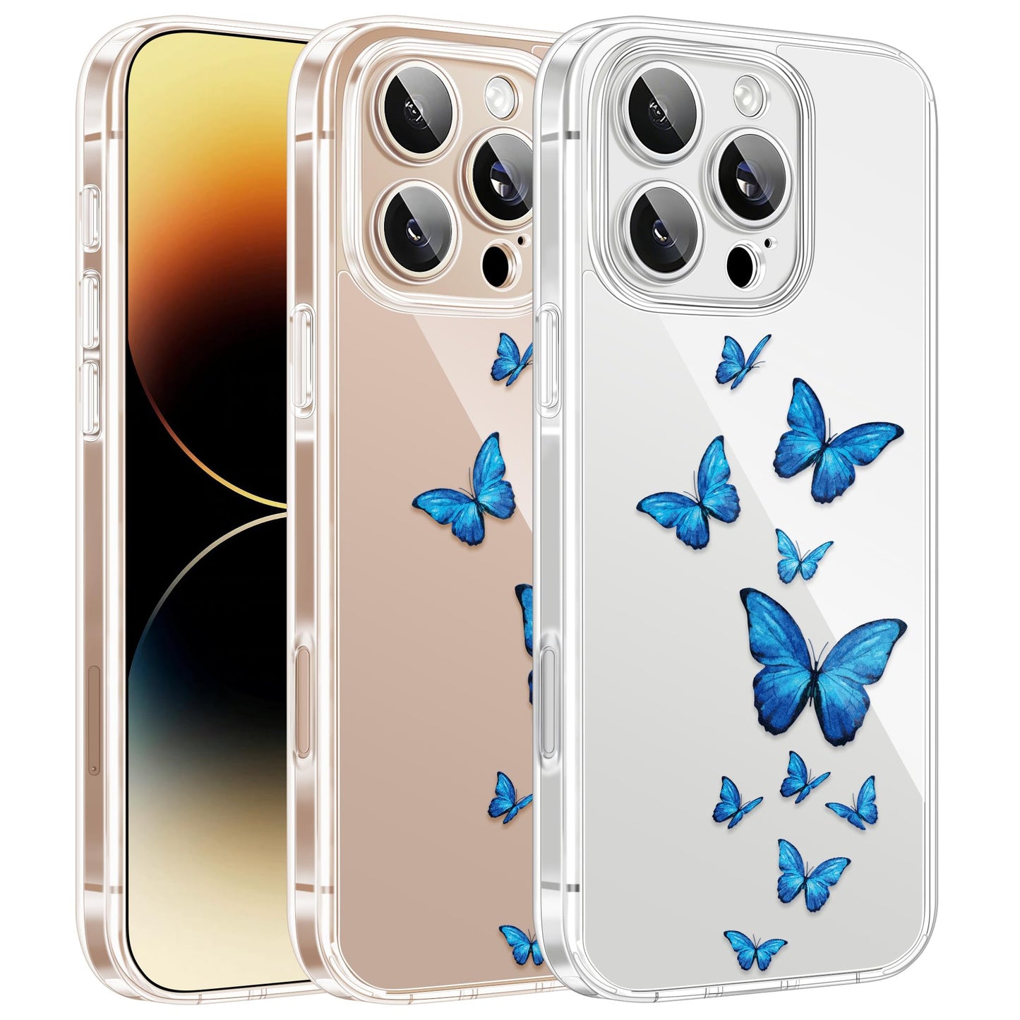 Cute Girly Crystal Clear Case Compatible with iPhone 16 Pro, Camera Control & Shockproof Protection Floral Case for Women, Blue Butterflies WN420