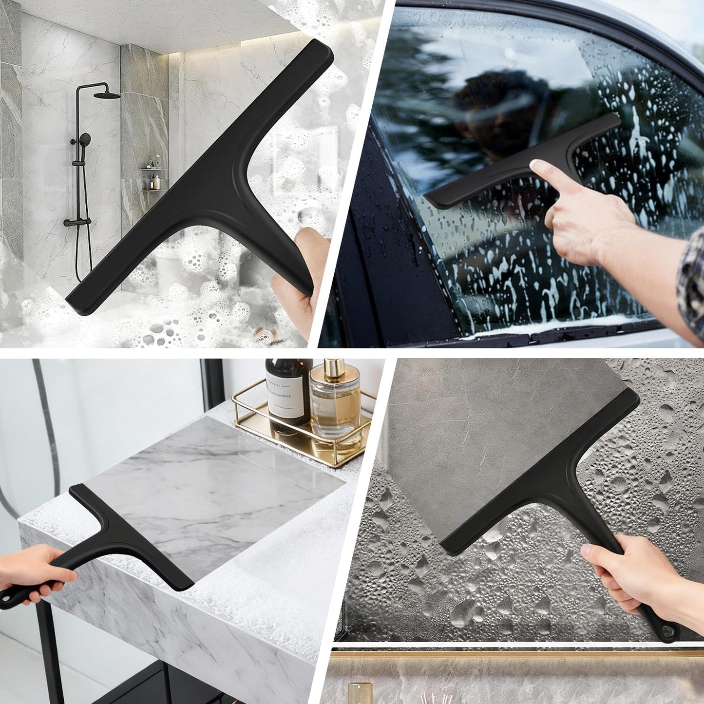 Silicone Shower Squeegee for Bathroom Glass Doors, with Hanging Hole for Easy Storage, Removes Water Spots from Windows, Mirrors, Tiles & Kitchen Surfaces-Black, 10 Inch WN420