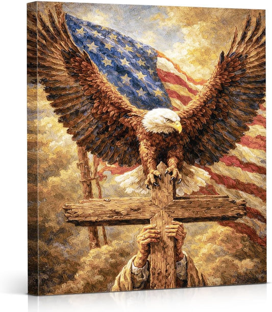 APOHBGV Patriotic American Flag Canvas Wall Art, Rustic Christian Patriotic Wall Decor Painting for Living Room, Office, Home, Independence Day 4th of July Memorial Day 8x10 Inch BST326L