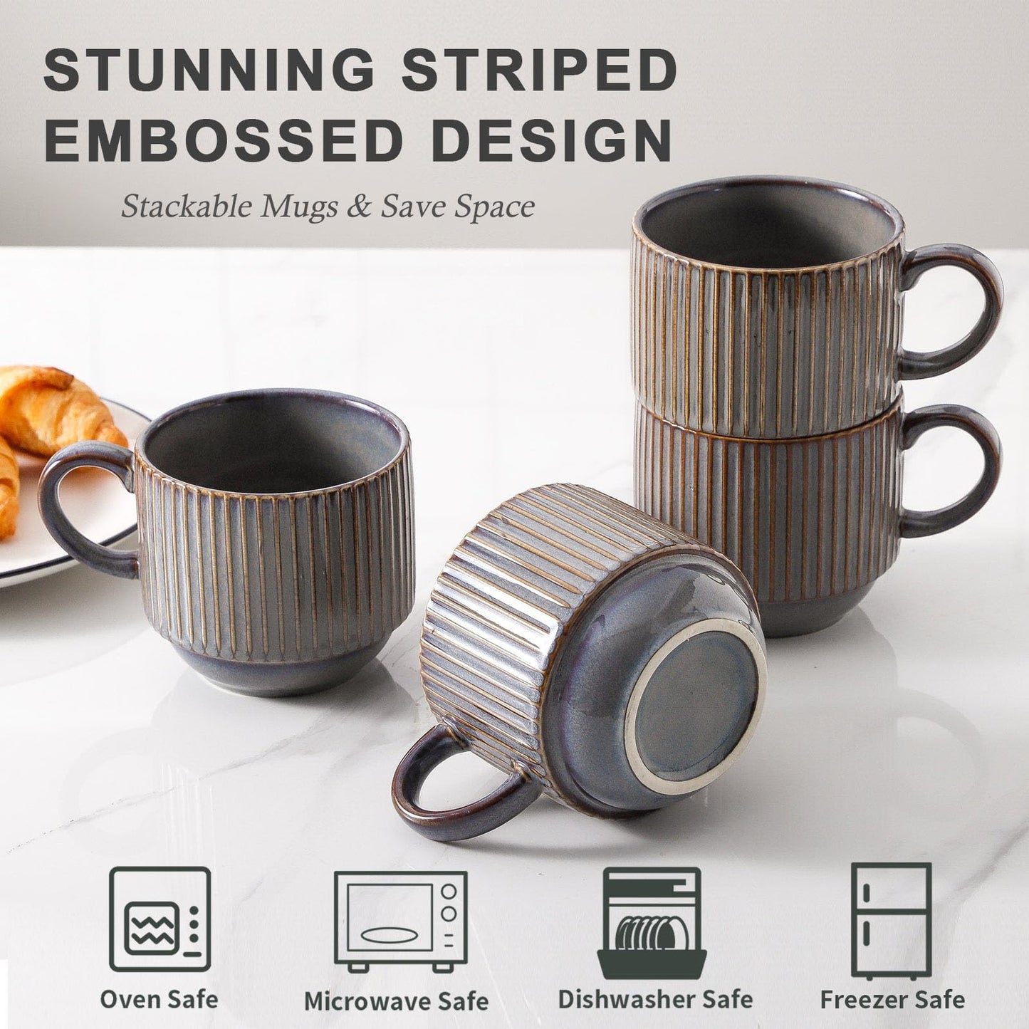 HASENSE 15 oz Ribbed Stackable Coffee Mug Set of 4, Porcelain Latte Cups with Metal Rack, Dishwasher & Microwave Safe, Cappuccino Tea Hot Cocoa, White BST220