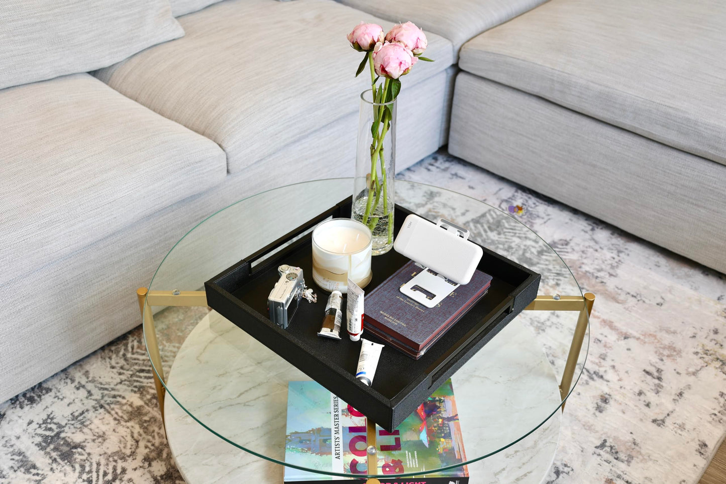 Sagala 16"x16" Ivory Shagreen Leather Serving Tray with Handles for Ottoman Coffee Table, Stylish Decorative Tray for Living Room Modern Home Decor (Ivory-Black, Square 16") BST220