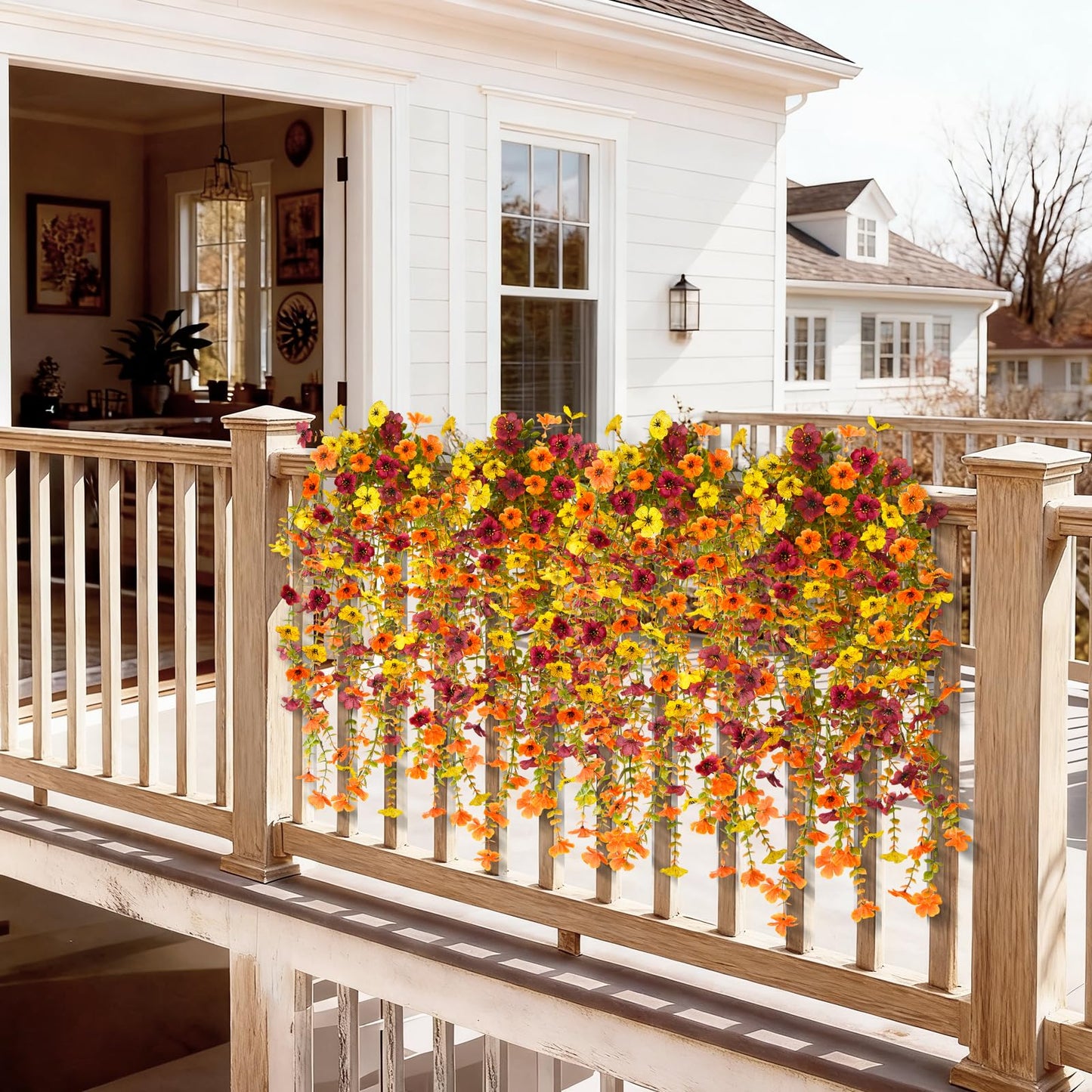 Artificial Hanging Flowers for Outdoor, 2PCS Fake Flowers Faux Silk Daisy with Eucalyptus Leaves, UV Resistant Aritificial Flowers for Spring Home Patio Yard Porch Decor (Light Purple Red) BST202