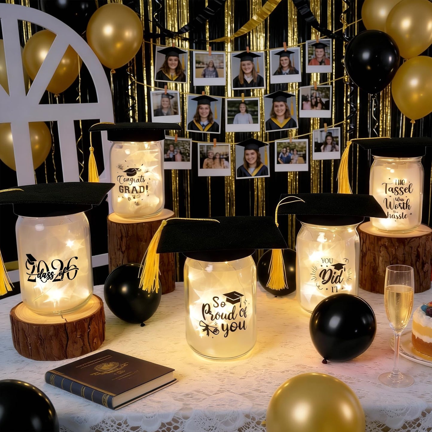 3 Sets 2026 Graduation Centerpieces for Tables, Glowing Mason Jar Centerpieces with Graduation Caps, Glowing Money Jars for College High School Congrats Grad Party Decor Supplies WN420