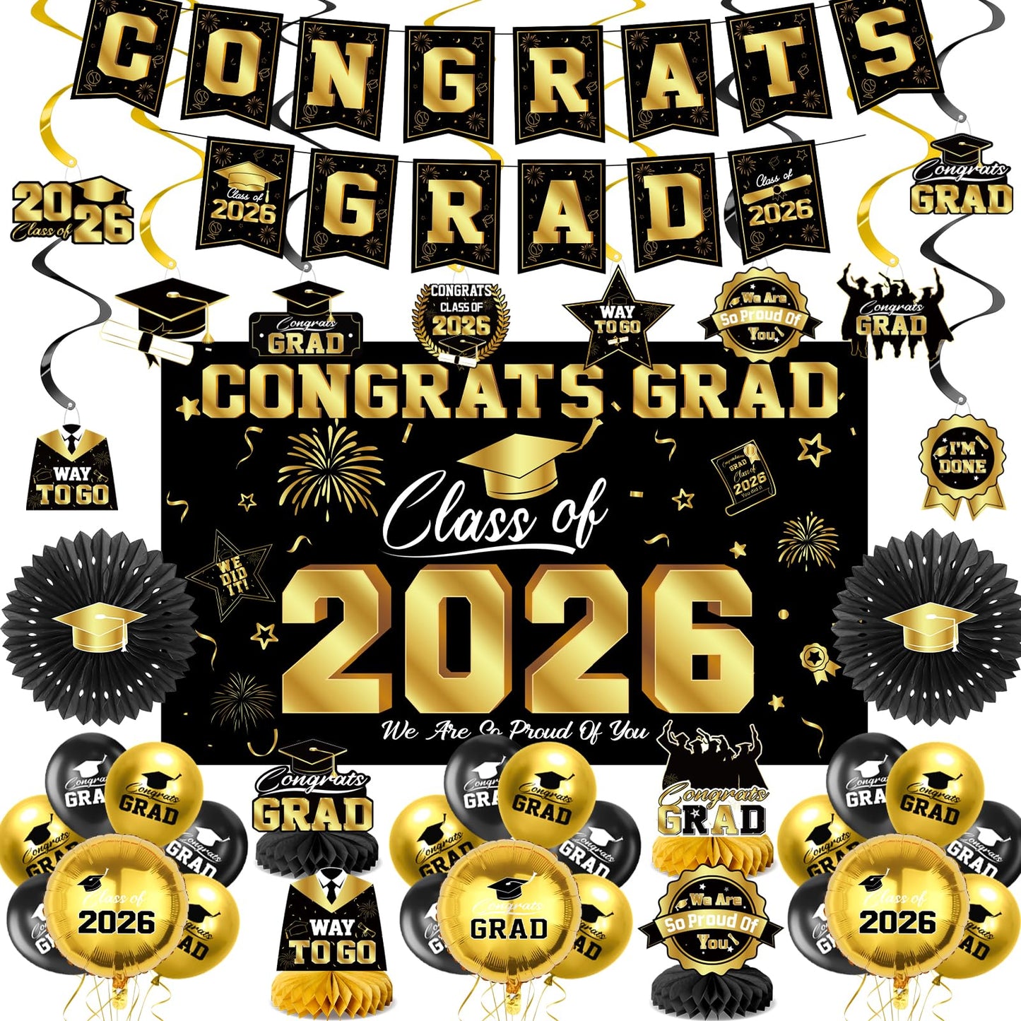Graduation Decorations 2026-Blue and Black Graduation Party Decorations Supplies Class of 2026 with Graduation Banner, Backdrop, Balloons, Centerpieces, Hanging Swirl for Grad Party BST326H