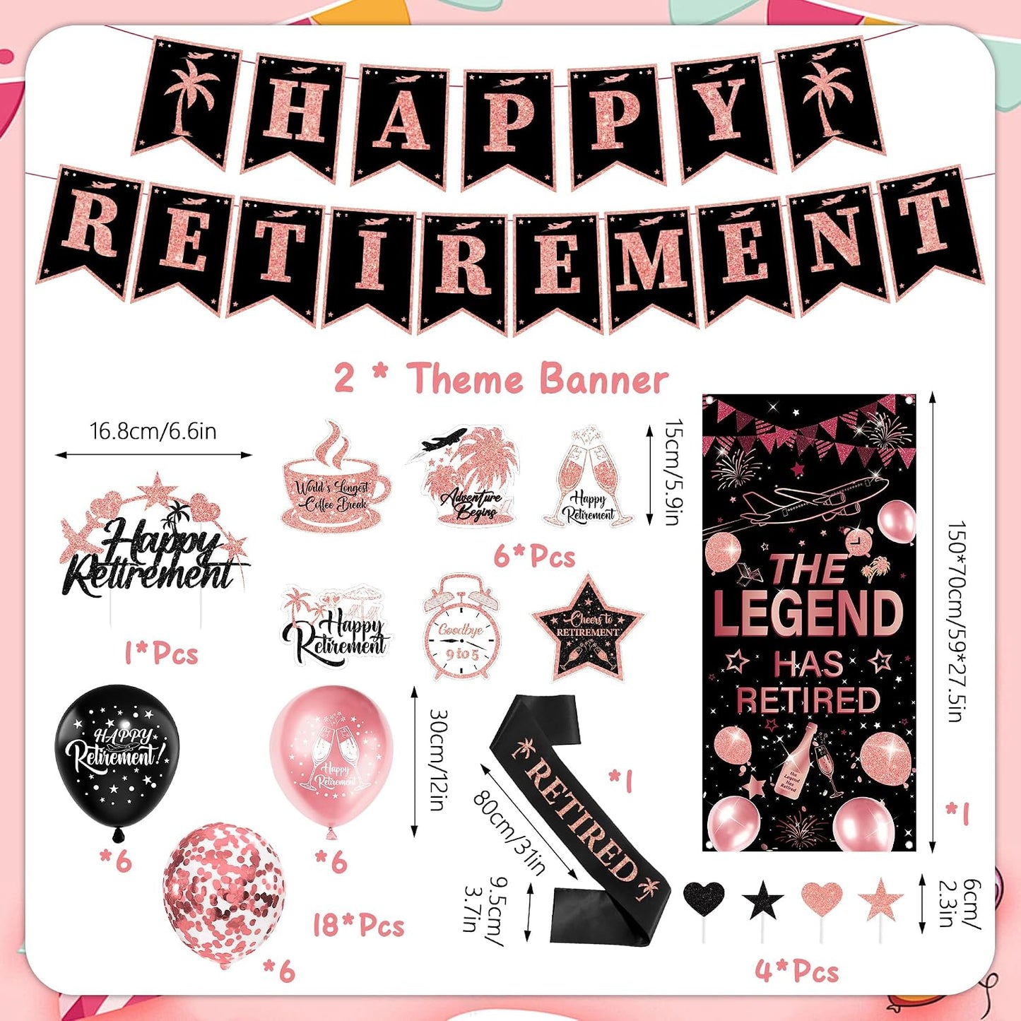 Happy Retirement Party Decorations Women - 33 Pcs Black Rose Gold Banners Hanging Swirls Glitter Cupcake Cake Toppers Backdrop Sparkling Sash Confetti Balloons for Retire Decoration Party Supplies BST326L