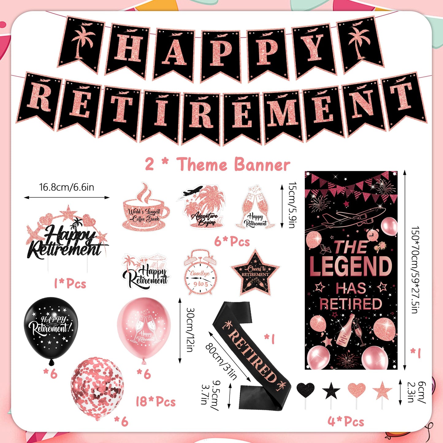 Happy Retirement Party Decorations Women - 33 Pcs Black Rose Gold Banners Hanging Swirls Glitter Cupcake Cake Toppers Backdrop Sparkling Sash Confetti Balloons for Retire Decoration Party Supplies BST326L