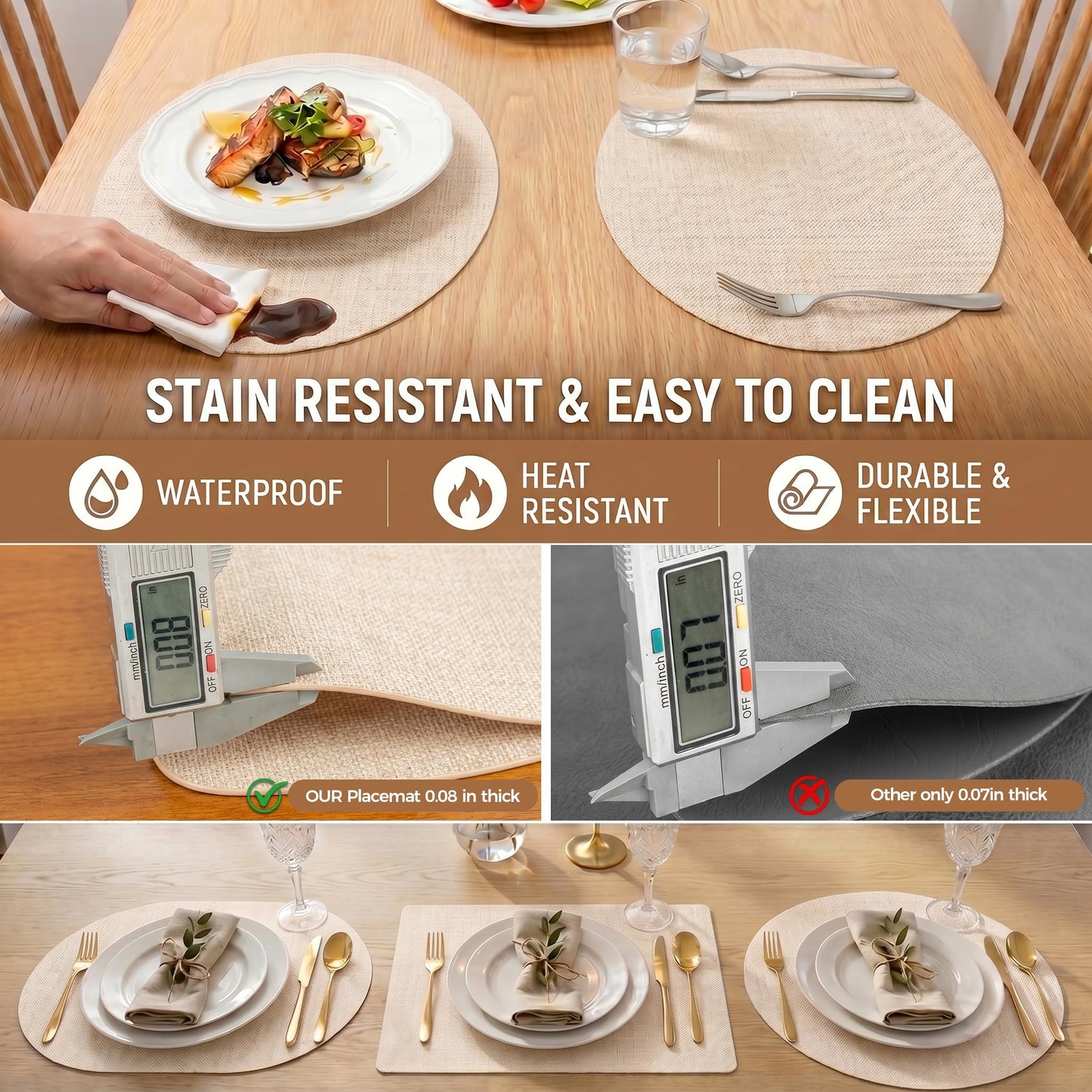 Faux Leather Placemats Set of 6, Wipeable Waterproof Stain Resistant Table Mats, Heat Resistant Thick Placemats with Hand-Painted Edges for Kitchen Dining, Imitative Linen Texture, Various Shapes BST326H