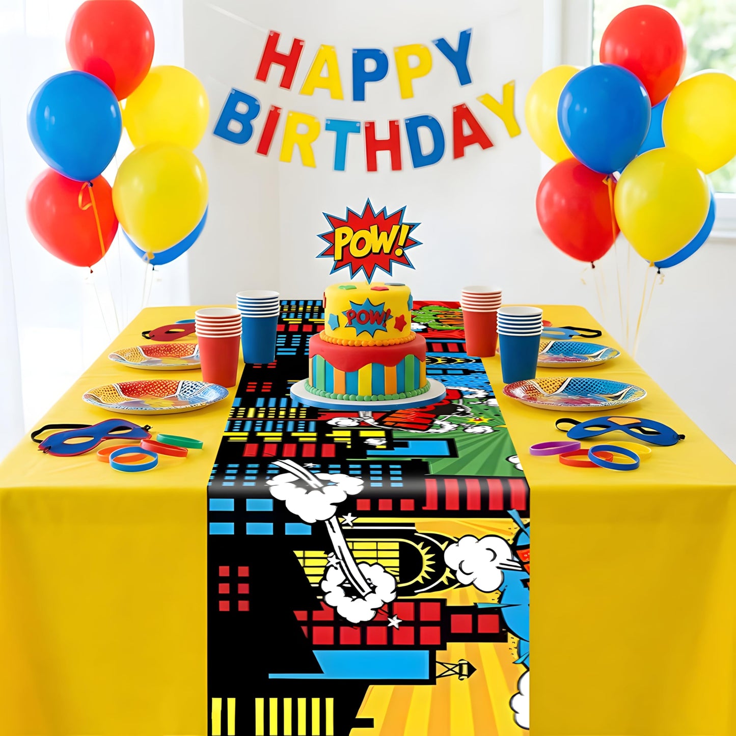 JCJT Extra Long Superhero Party Table Runner 90 Inches (Approx), Comic Book Theme Decorations, Pop Art Retro Style for Candy Buffet Table, Boys Birthday Event Supplies, 14 x 90 Inch BST220