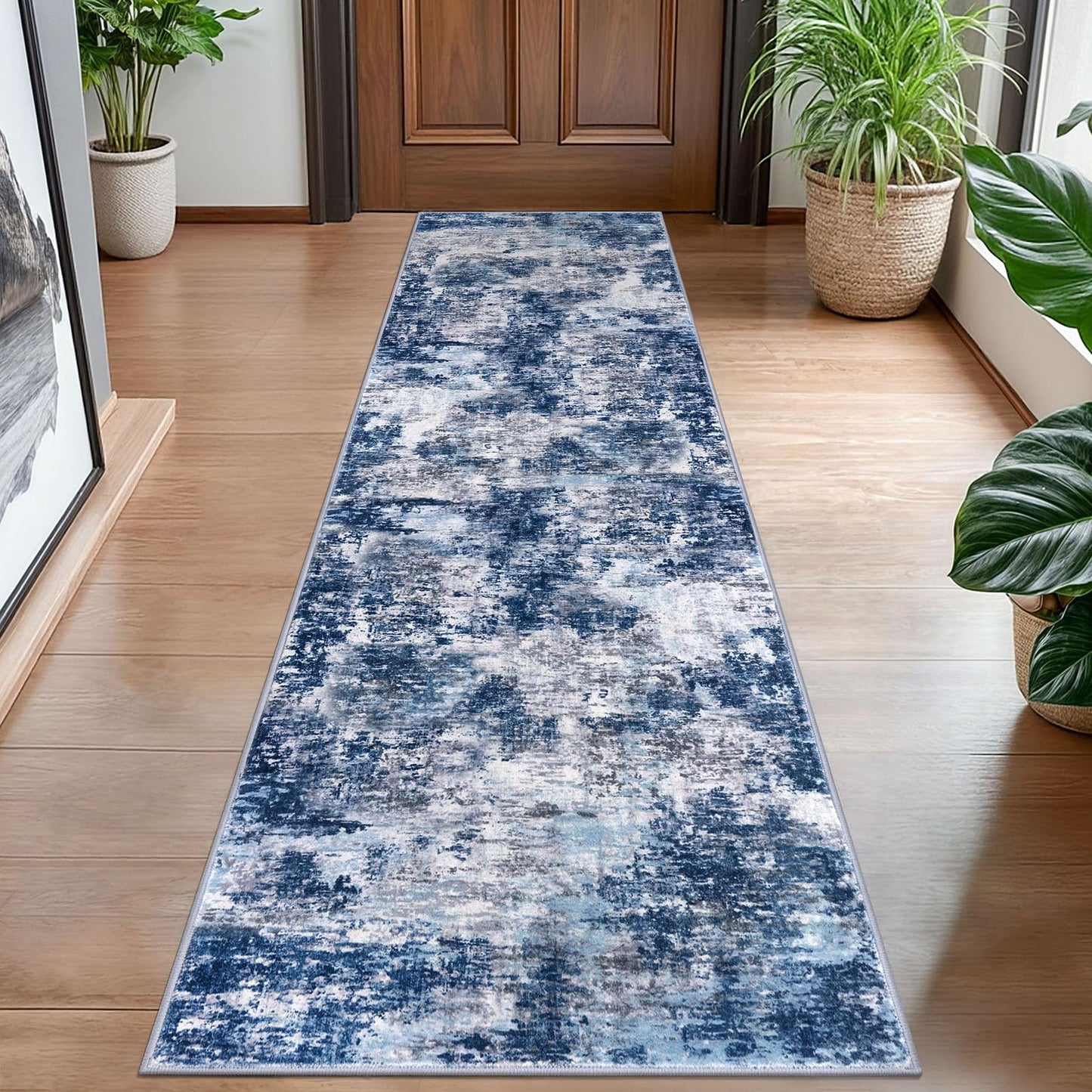 Lansny Modern Abstract Runner - 2x5, Beige Grey Washable Kitchen Entryway Rug Mat Non-Slip Soft Neutral Hallway Rug Thin Print Faux Wool Carpet for Bedroom Laundry Room Indoor BST220