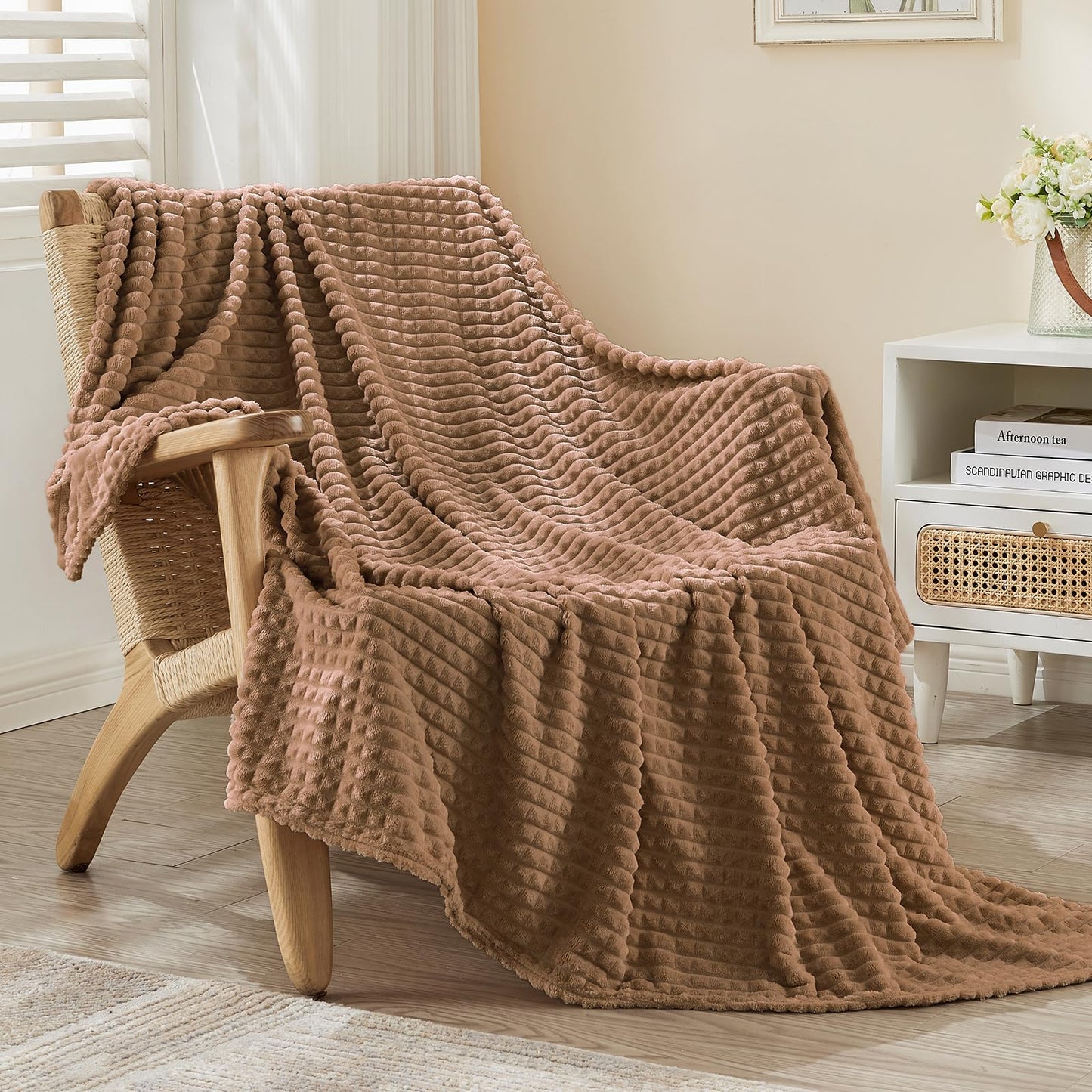 EMME Fleece Blanket, 3D Jacquard Throw Blanket for Couch and Bed, Soft Cozy and Fluffy Blankets Lightweight Luxury Flannel with Waffle Design (Navy Blue, 50" x 60") BST202