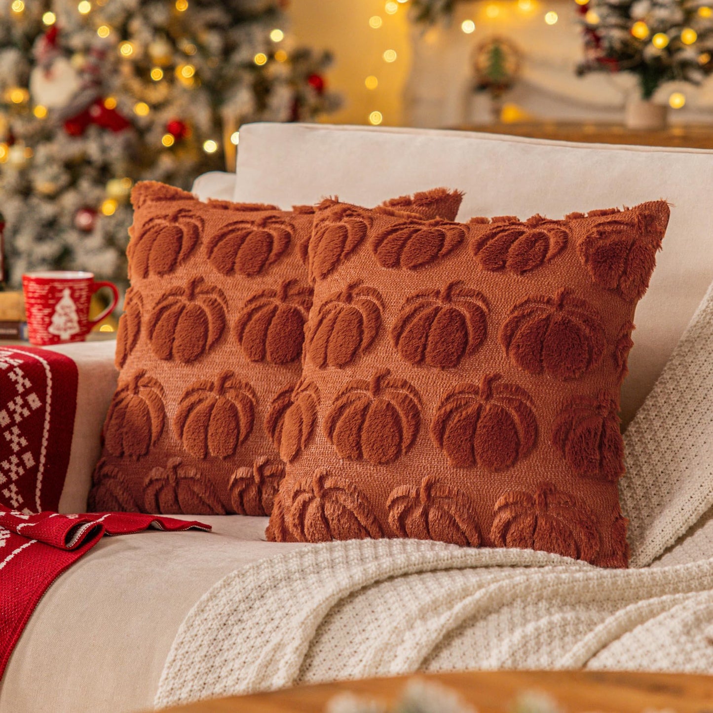 Cream White Fall Pumpkin Decorative Throw Pillow Covers Set of 2, 18x18 Inch Soft Plush 3D Embroidered Halloween Pillow Covers for Fall Decorations Farmhouse Cushion Covers for Thanksgiving BST220